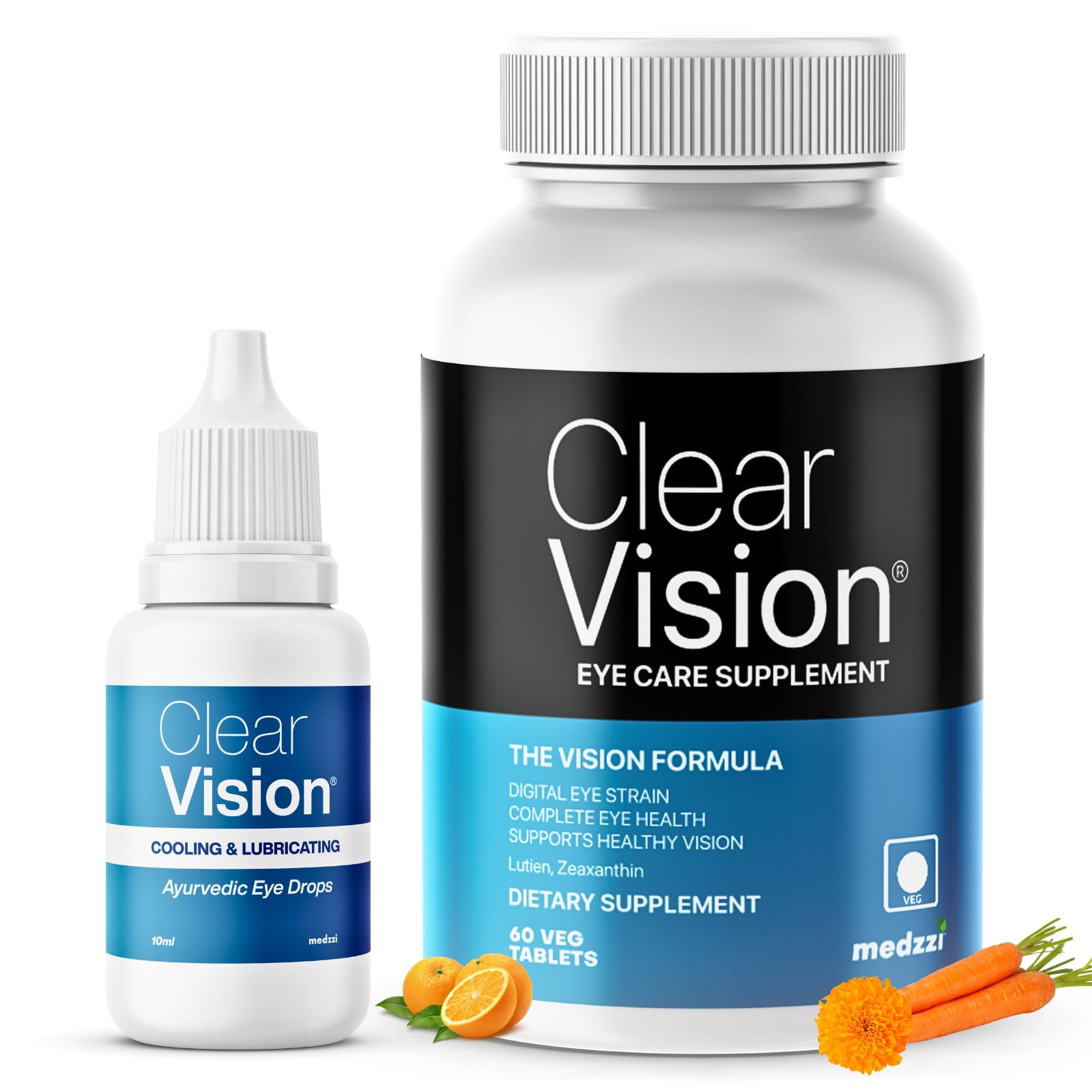 medzzi Clear Vision 60 Veg Tablet & Clear Vision Eye Drop 10ml |100% Ayurvedic Formula for Digital Eye Strain For Dryness | Eye Health+ with Lutein/Zeaxanthin