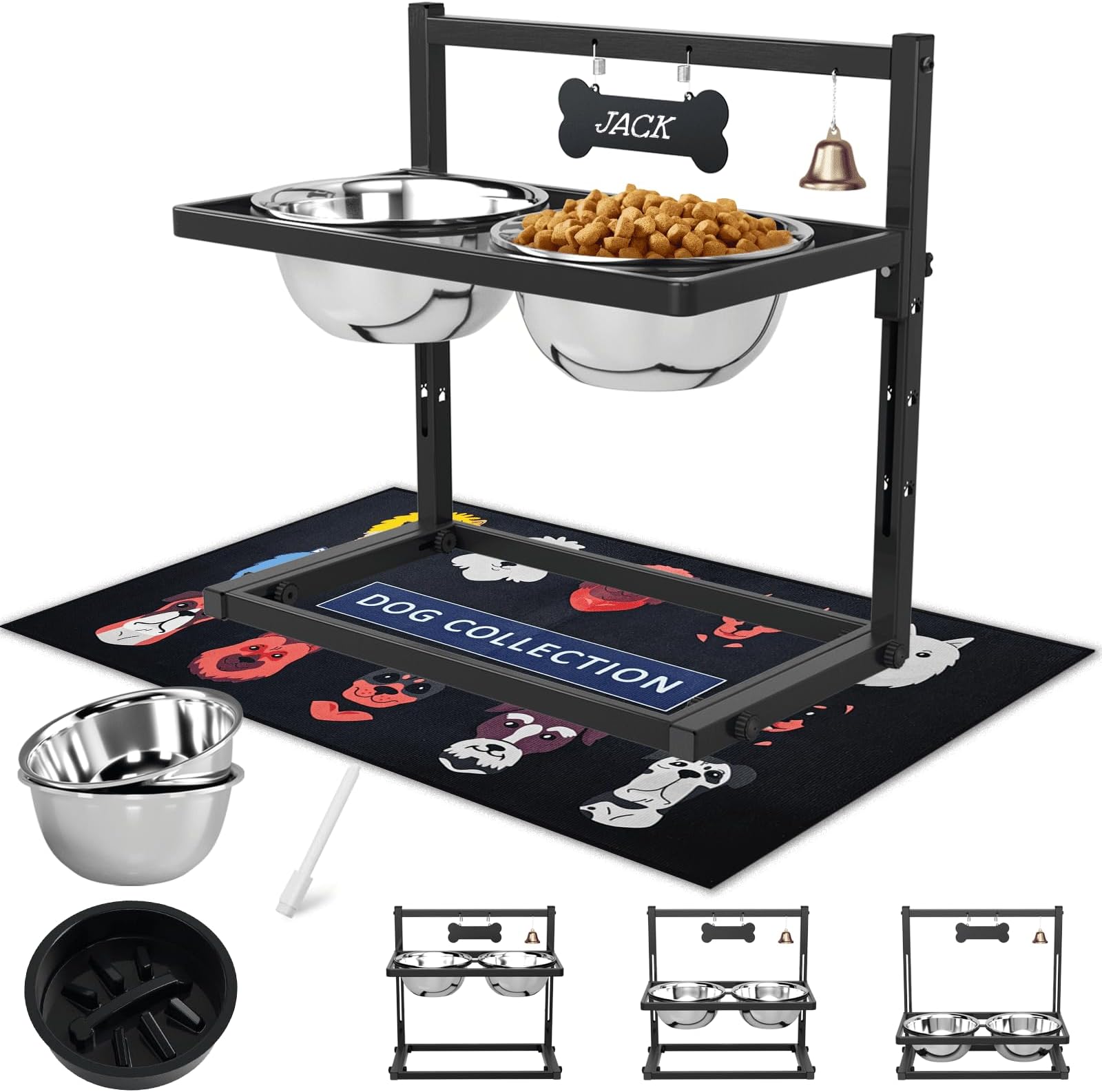 SHAINFUN Elevated Dog Bowls with Slow Feeder & Spillproof Mat, Raised Dog Bowl Stand with 2 Stainless Steel Food Water Bowls, Adjustable Height Stand for Large Medium Breeds