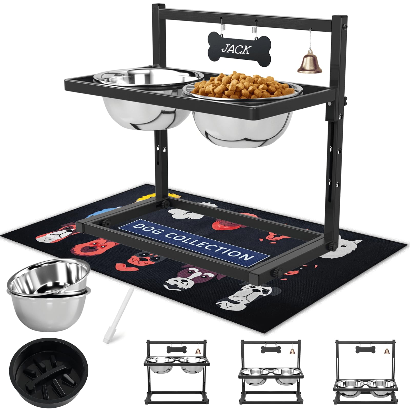SHAINFUN Elevated Dog Bowls with Slow Feeder & Spillproof Mat, Raised Dog Bowl Stand with 2 Stainless Steel Food Water Bowls, Adjustable Height Stand for Large Medium Breeds