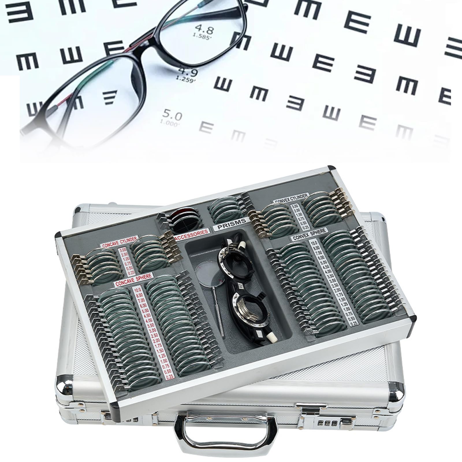 YSFHYAN Optometry Box Equipment,High Transmittance Optical Trial Lens Set In Aluminum Case,104Pcs Trial Lens Set with Measuring Glasses Testing Frame,for Optical Shops and Vision Testing Institutions