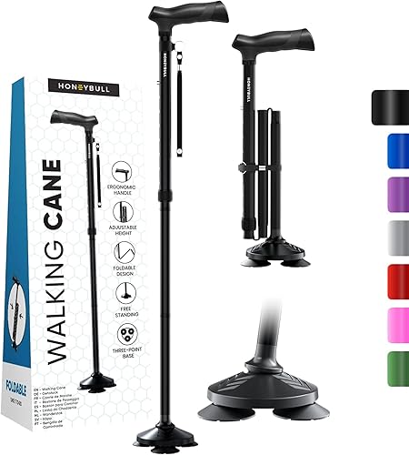 Miniatura 18 de Bastón plegable para hombres y mujeres, plegable, ajustable, resistente, de pie, todo terreno, plegable para personas mayores y adultos Rojo