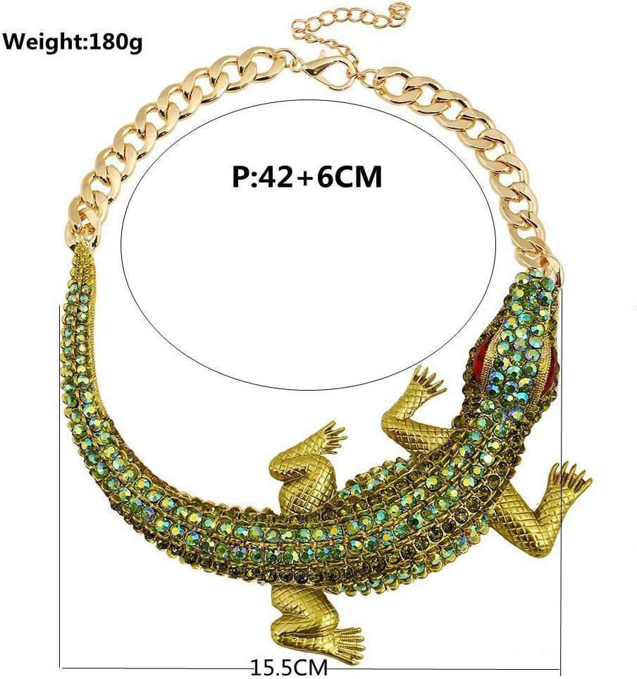 Chunky Exaggerated Crocodile Statement Collar Necklace Green Rhinestone for Women Large Punk Gothic Alligator Animal Bib Choker Fashion Hip Hop Stylish Crystal Gator Necklaces Jewelry Party Prom - Image 2