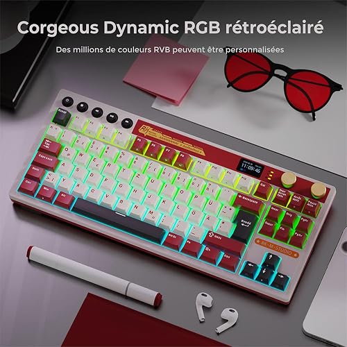 RK ROYAL KLUDGE M87 Mechanical Keyboard Wireless, 75 percent Gaming Keyboard 2.4Ghz/Bluetooth/USB-C Gasket RGB Keyboard US Layout with 7500mAh Battery, LCD Smart Display & Dual Knob, Cream Switch, Red - 10