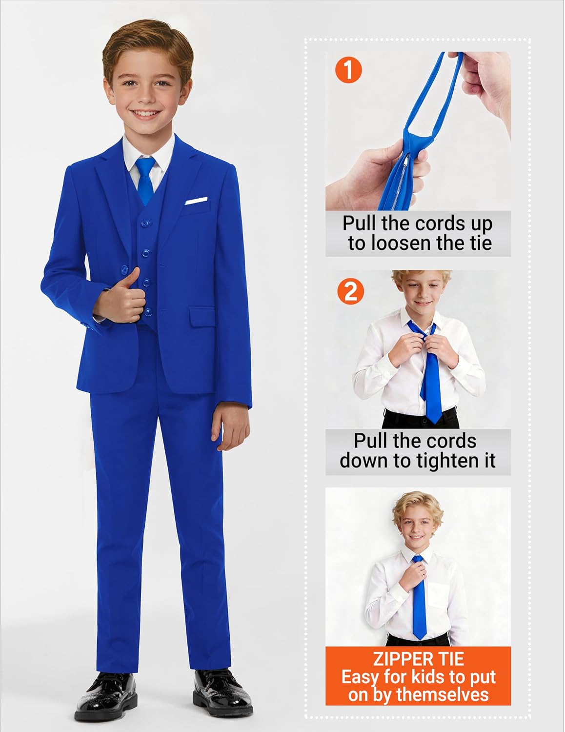 Boys Formal Suit Set, 3 Styling Looks, Adjustable Waist & Suspenders