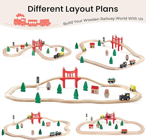 Miniatura 5 de Tiny Land Juego de tren de madera para niños pequeños, 39 piezas, con pistas de madera para Thomas, se adapta a Brio, se adapta a Chuggington, se