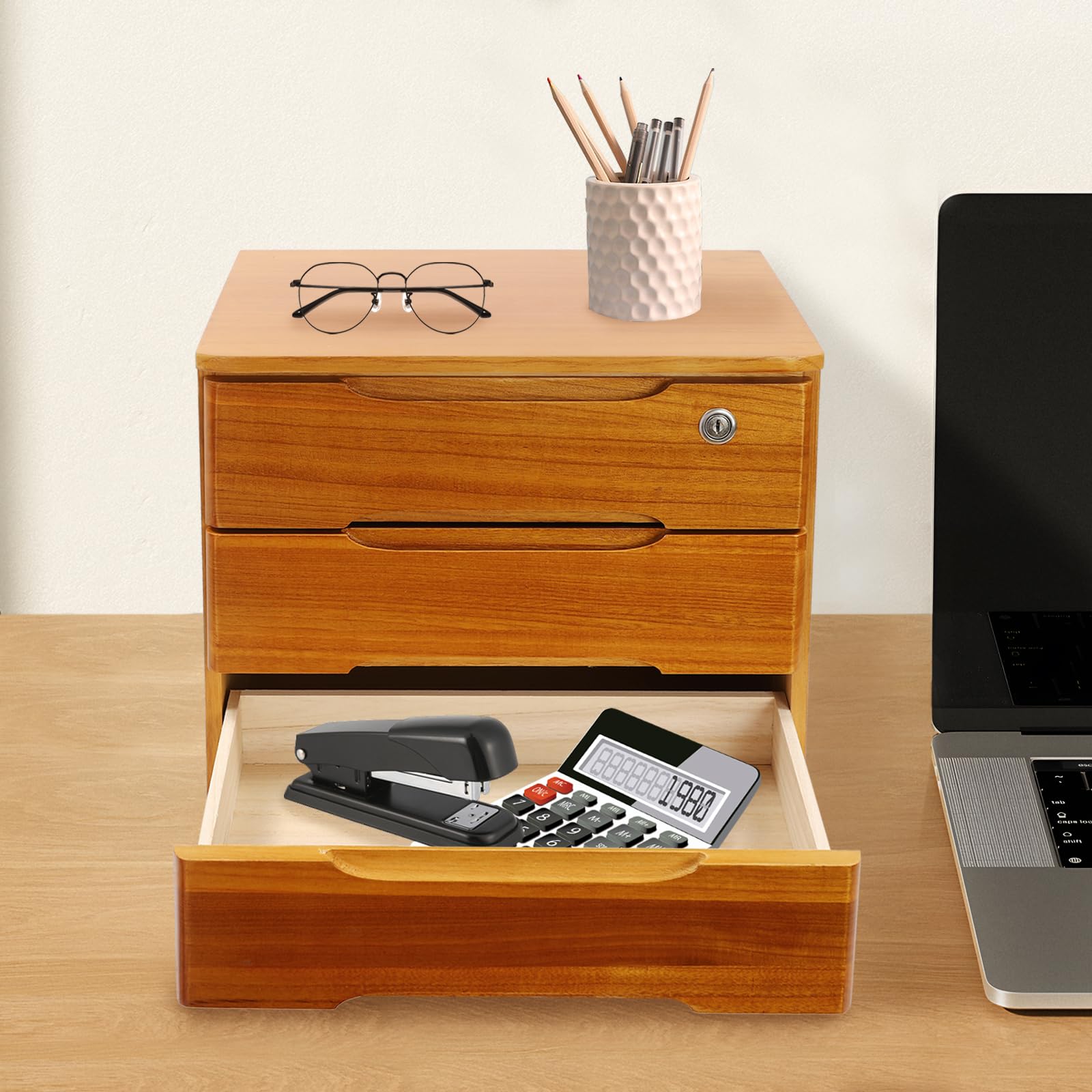 iSamLam Wood Desk Organizer with 3 Drawers, Lockable Desktop Countertop Storage Cabinet for Home Office Supplies File Tabletop Storage Box, 15.35