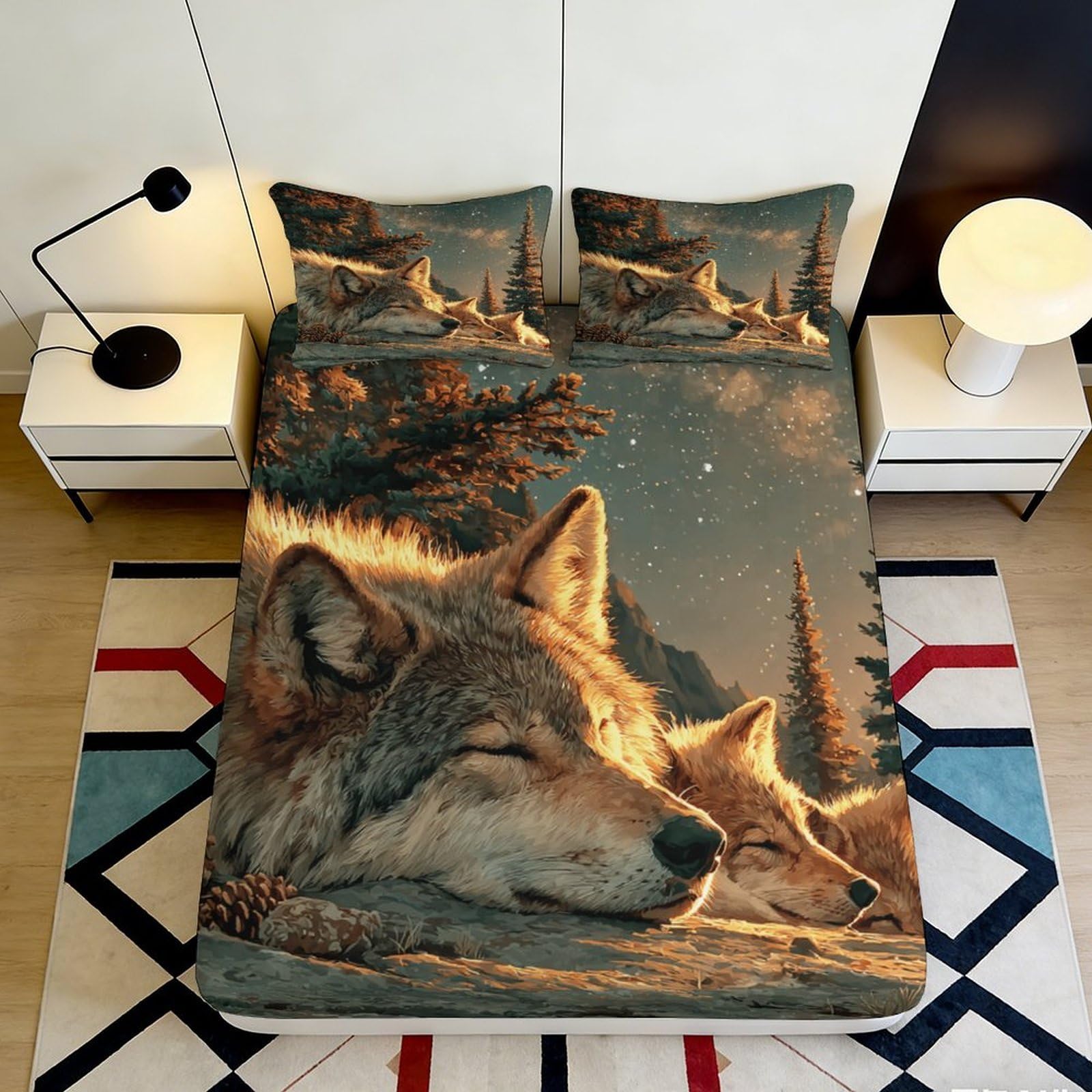 3D Printed Wolf Forest Fitted Sheet Microfiber Soft Breathable Night Sky Bed Cover for Bedroom Dormitory Guest Room Mattress Protection Decor 160x200x25cm