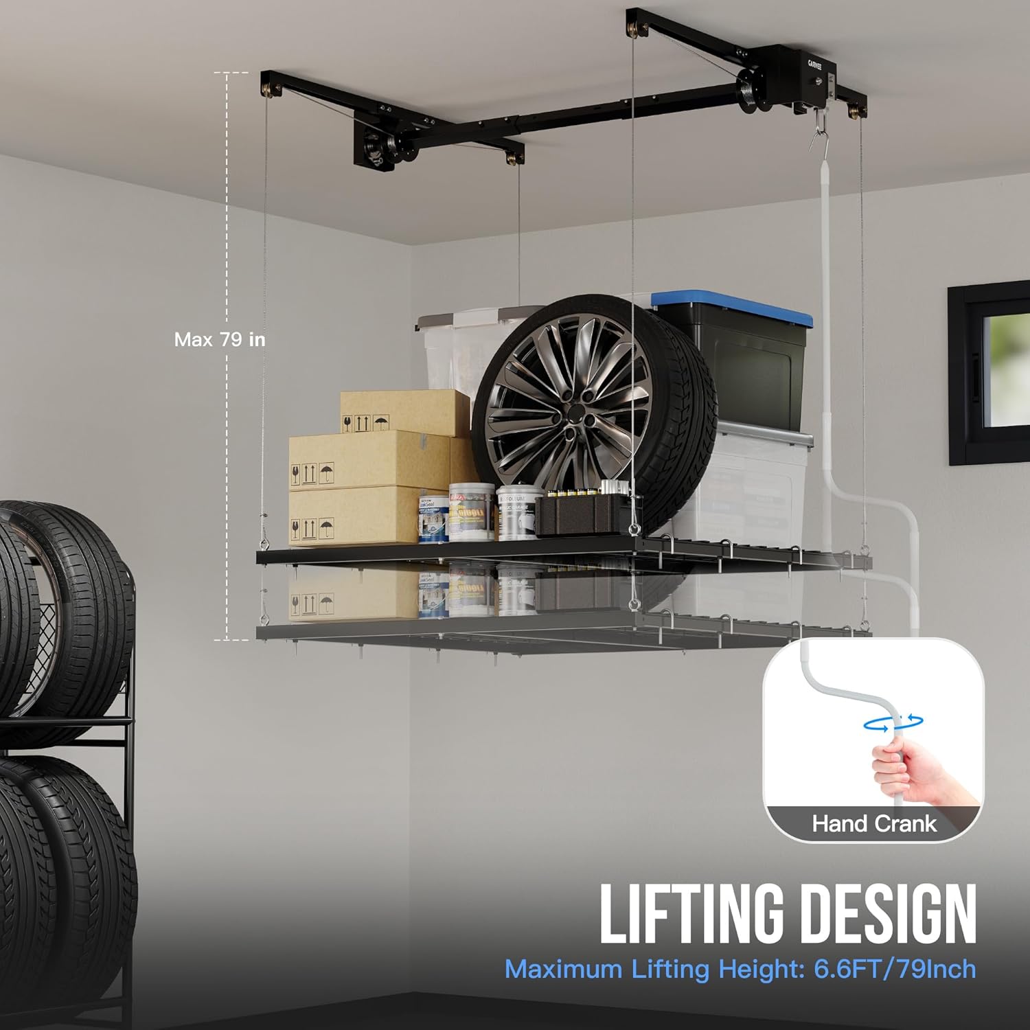GarveeHome Heavy Duty Overhead Garage Storage Rack Lift – 4x4 ft, 350 lbs Capacity, Hand Crank Adjustable Ceiling Organizer, Max 79 in Height, Matte Black Finish