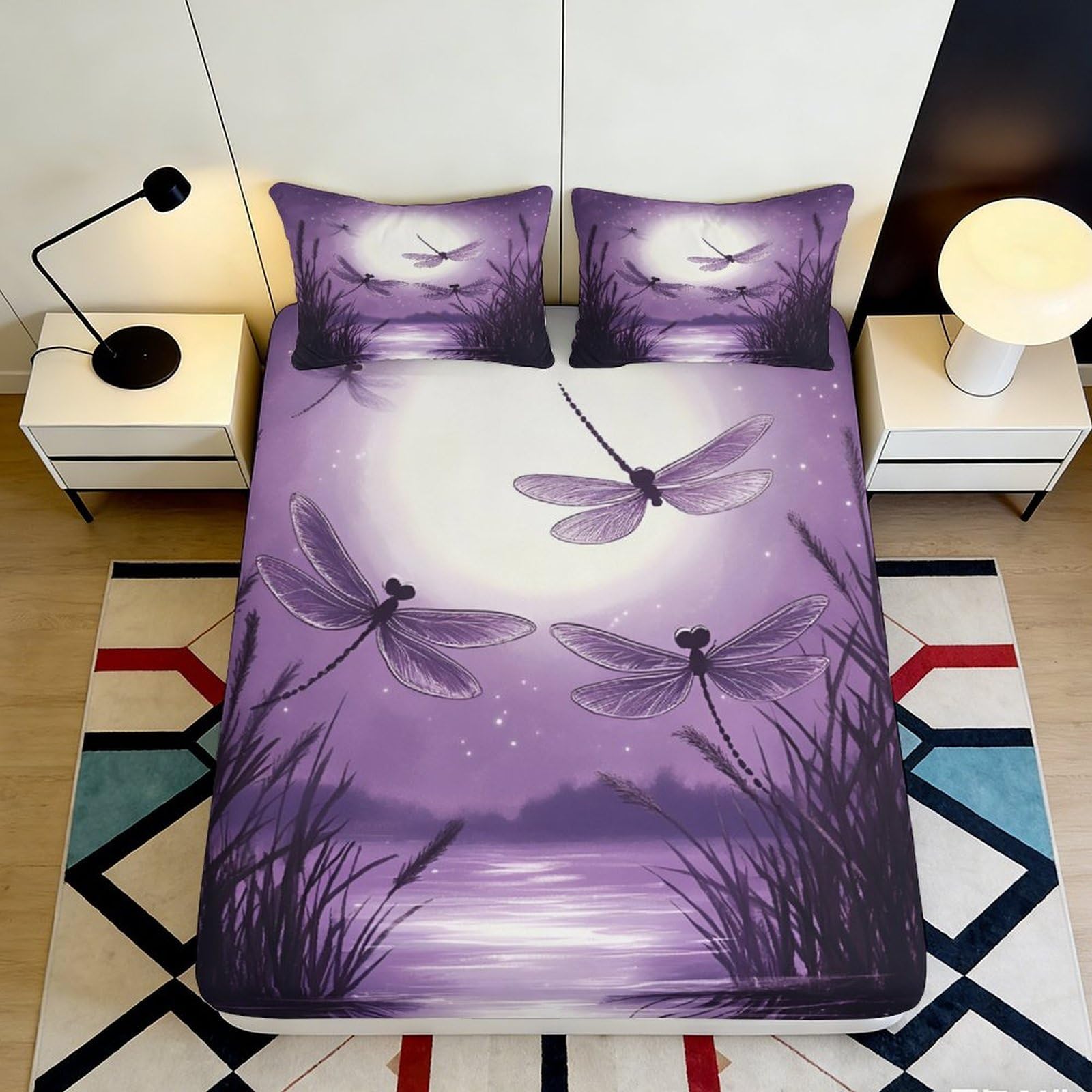 Pnayamiorkfel Style-10 3D Printed Moon Lake Fitted Sheet Microfiber Soft Dragonfly Twilight Mattress Cover For Bedroom Dorm Décor 90X200x25cm