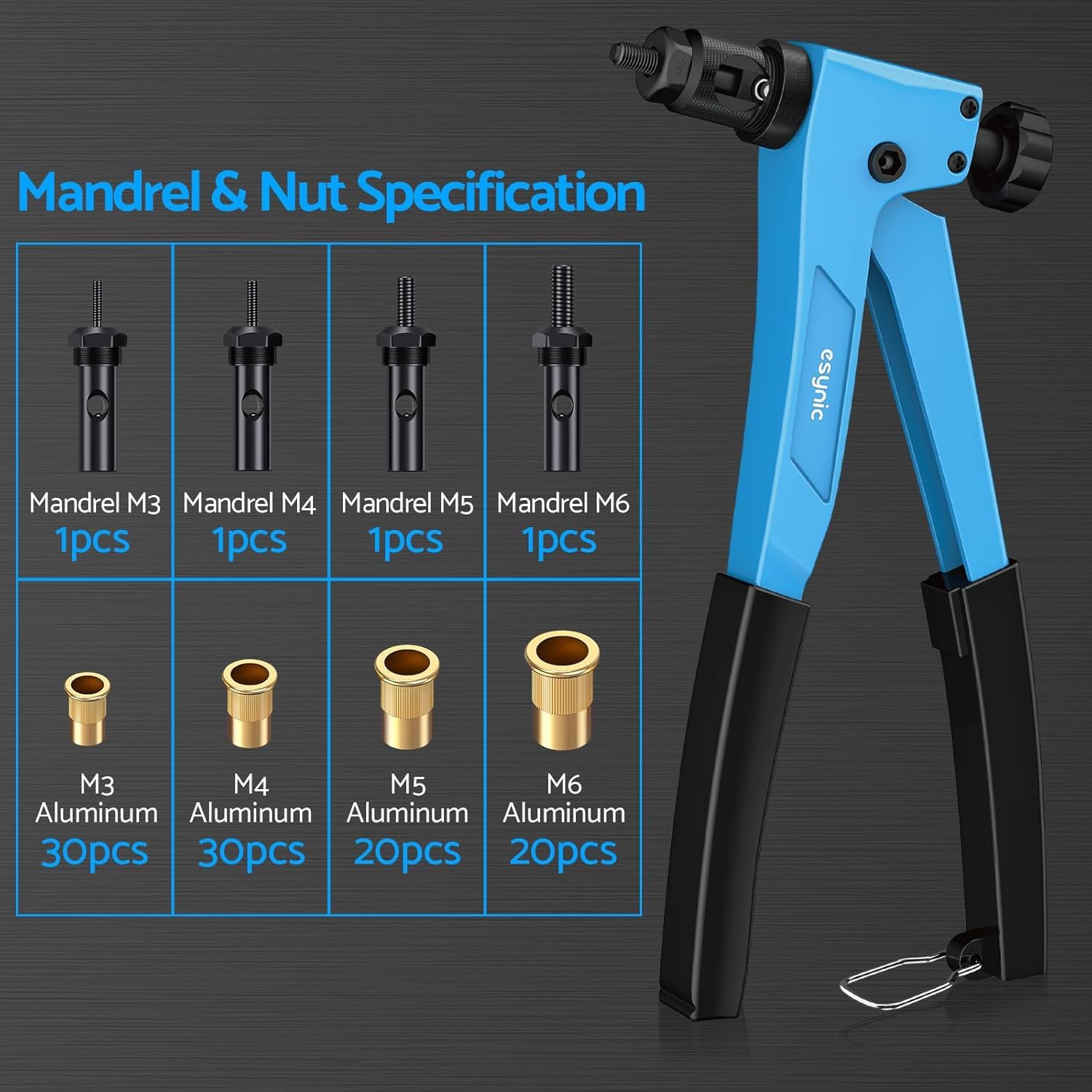 eSynic 10'' Pince Écrou à Riveter avec 100 Écrous à Rivets M3 M4 M5 M6 Pistolet à Riveter Manuel Pince a Insert Fileté avec Étui de Transport Robust-Bleu