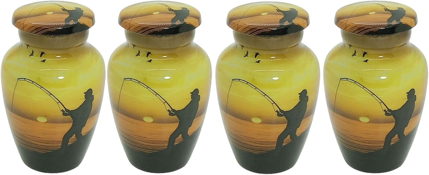 UR Keepsake Urn Set of 4- Decorative Fishing Catching Cremation Urn for Human Ashes with Velvet Box & 4 Velvet Bag-Mini Keepsake Urn - Affordable Urn (3 cu.in x 4pcs) (1)