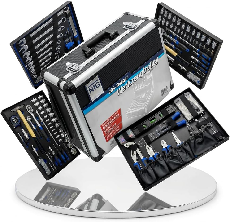 NTG Tool Box Filled with Tools 205 Pieces with Wheels Telescopic Handle Workshop Case Tool Set Tool Trolley in Sturdy Aluminium Case