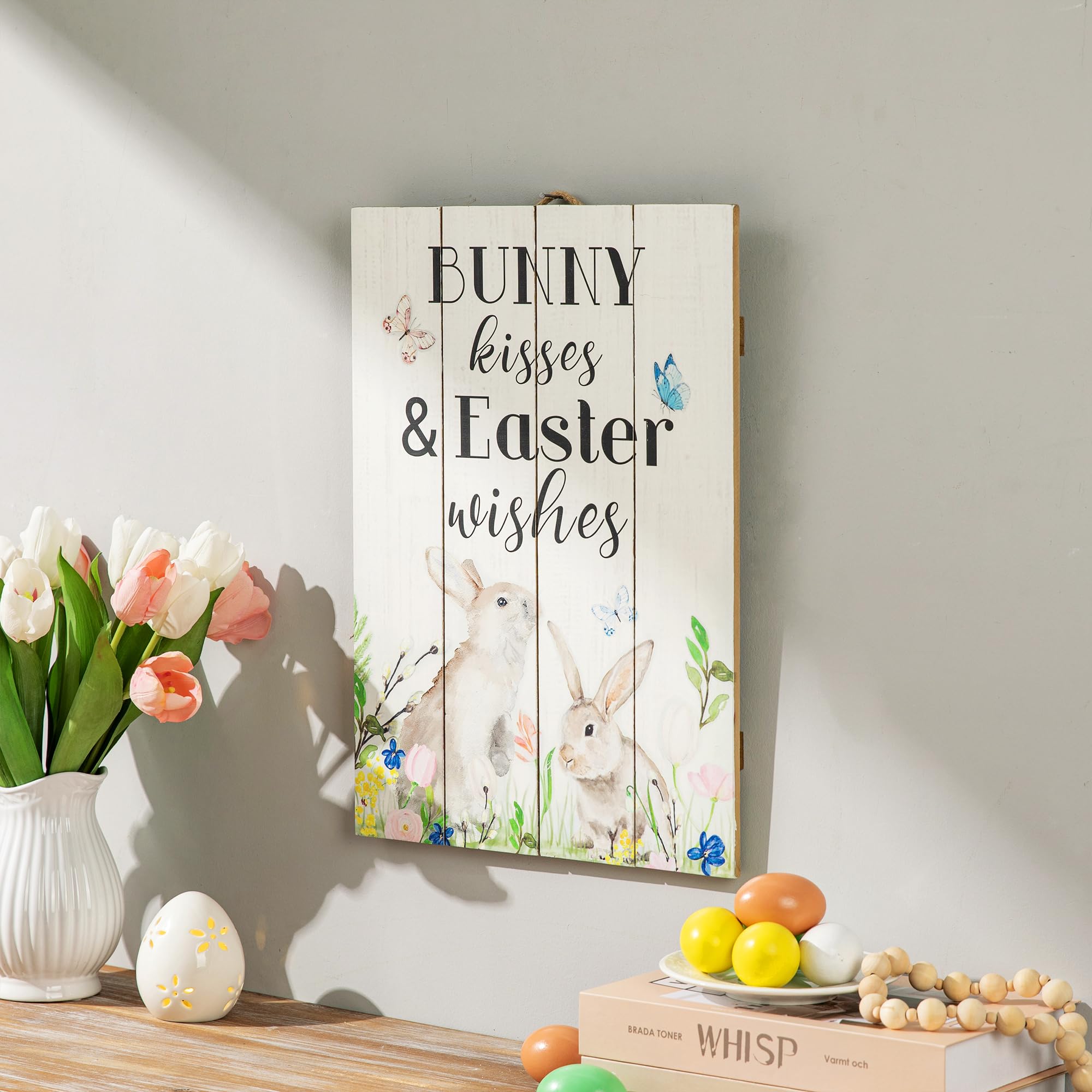 Glitzhome Wooden Easter Bunny Wall Hanging Sign Decor, 18" H, Multi-Color