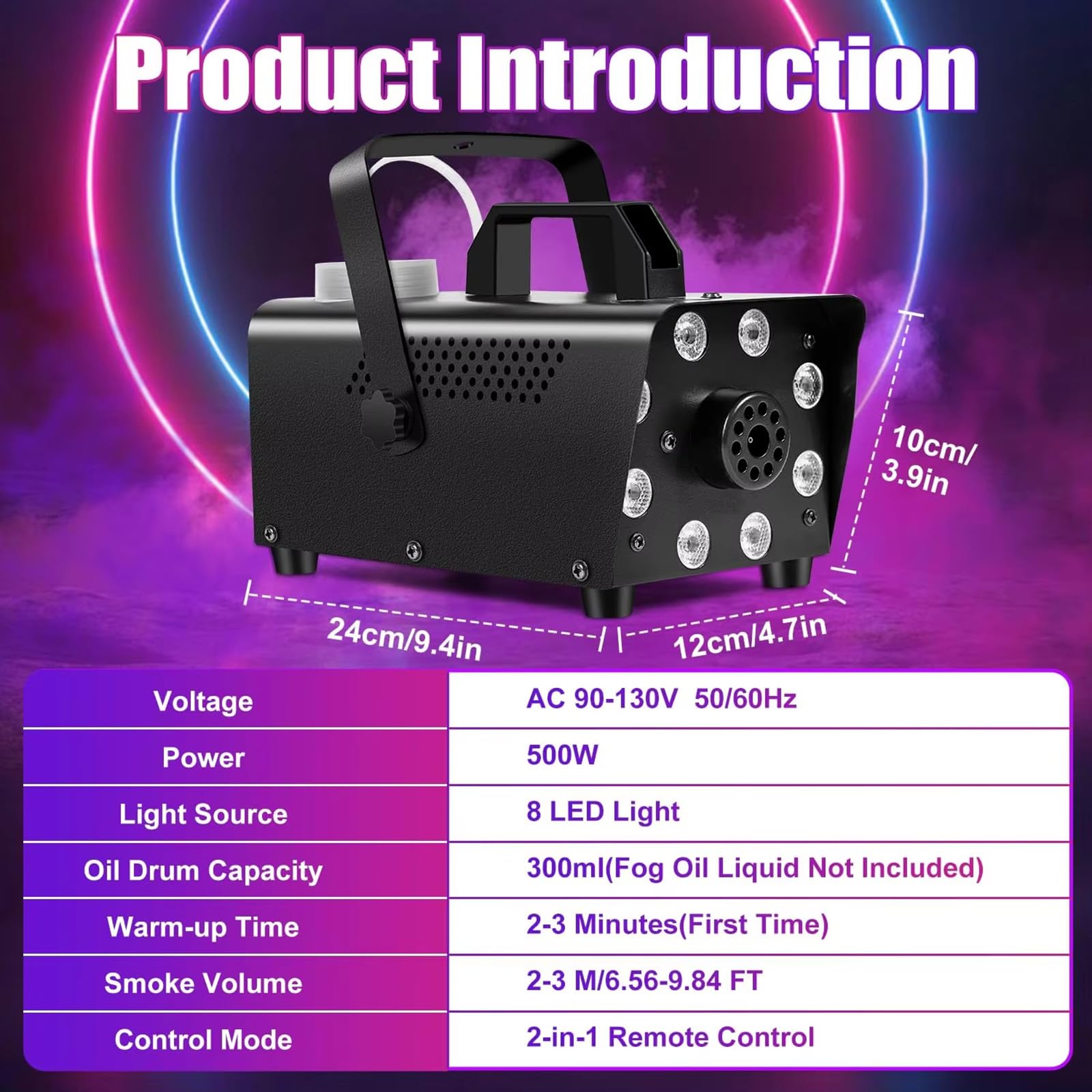 Máquina de humo, máquina de niebla con 8 luces LED con 13 colores y 4 efectos, niebla 2000 CFM 500 W pequeña máquina de niebla con controles remotos inalámbricos, para bodas de Navidad de Halloween