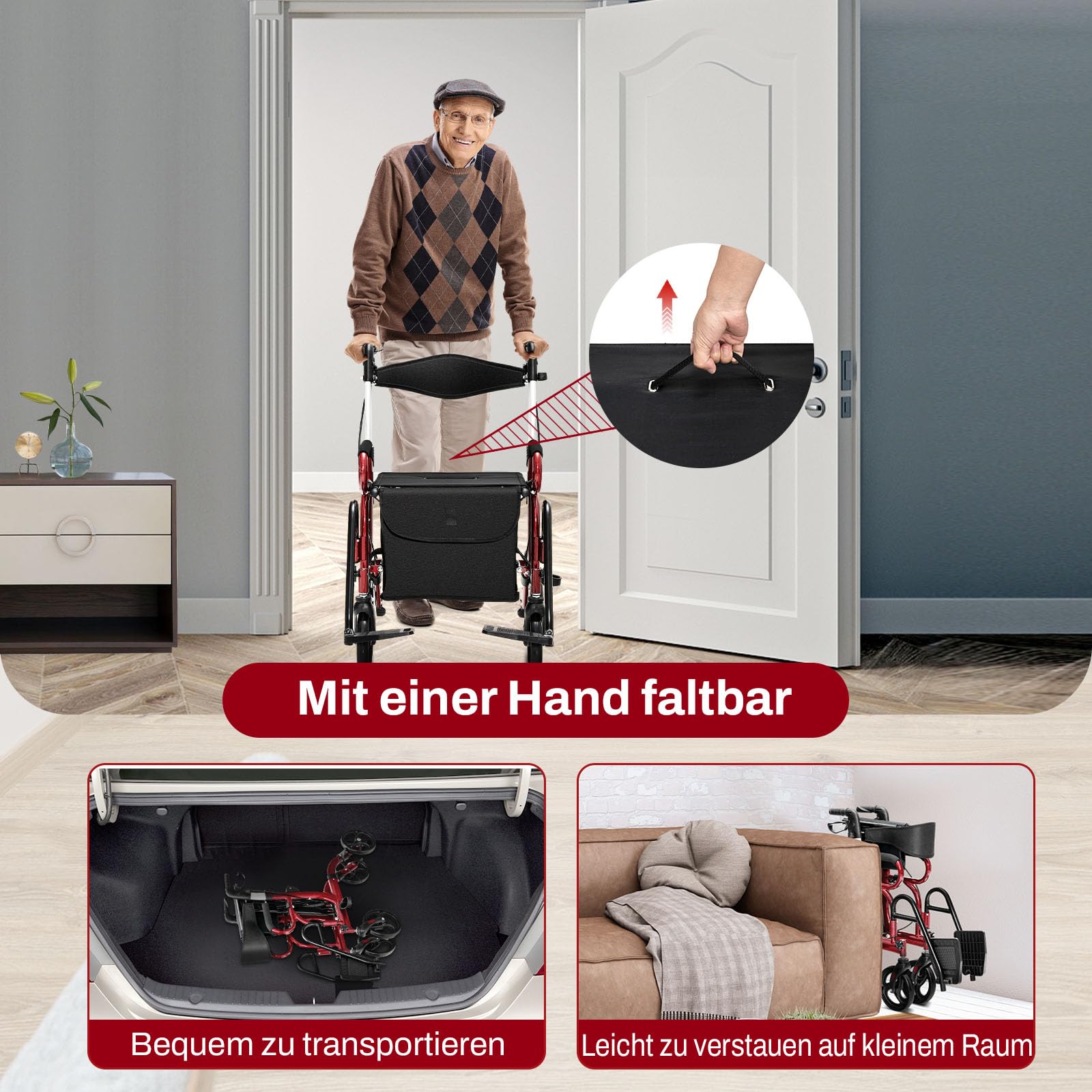 COSTWAY Rollator faltbar und leicht mit Sitz, 2 in 1 Rollstuhl & Reiserollator, Gehhilfe 6-fach höhenverstellbar, Gehwagen mit Tasche & Bremse & Stockhalter, Aluminium, klappbar für Senioren (Rot)
