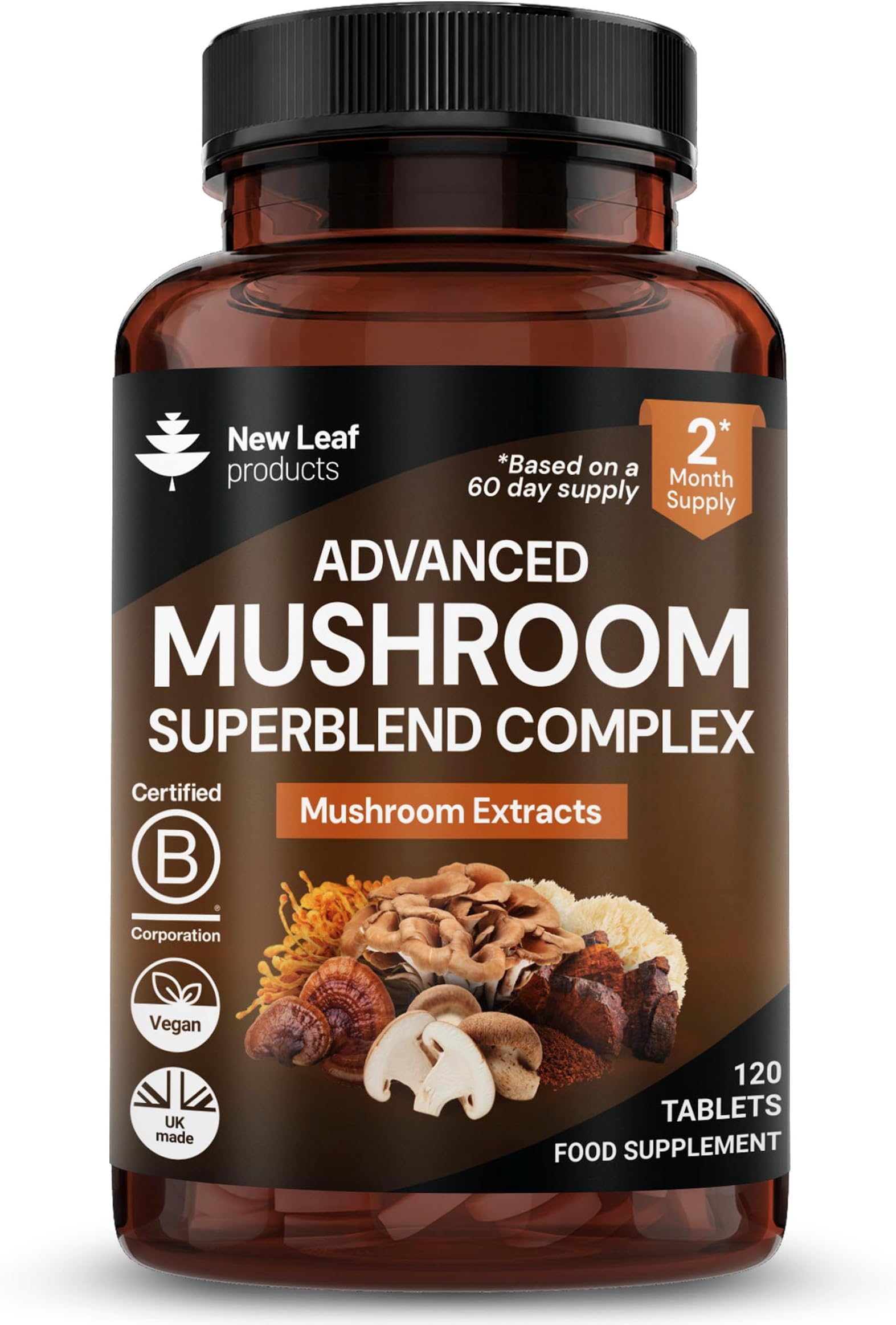Mushroom Complex - Lions Mane + Cordyceps Chaga Reishi Shiitak,Maitake Mushroomss Blend - High Potency Supplement - Made in The UK - 120 Tablets