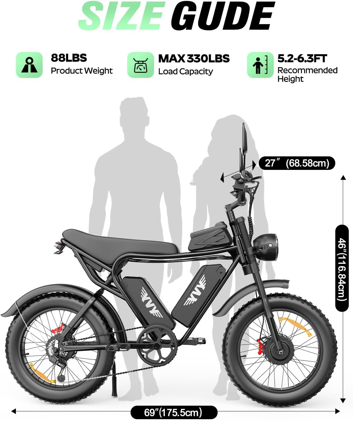 YVY Adult Electric Bike 1500W-3000W Peak Motor, 48V 15.6-40AH Removable Battery, 30-180 Miles Range, UL 2849 Certified, Dual Suspension, 20" Fat Tires E-Bike