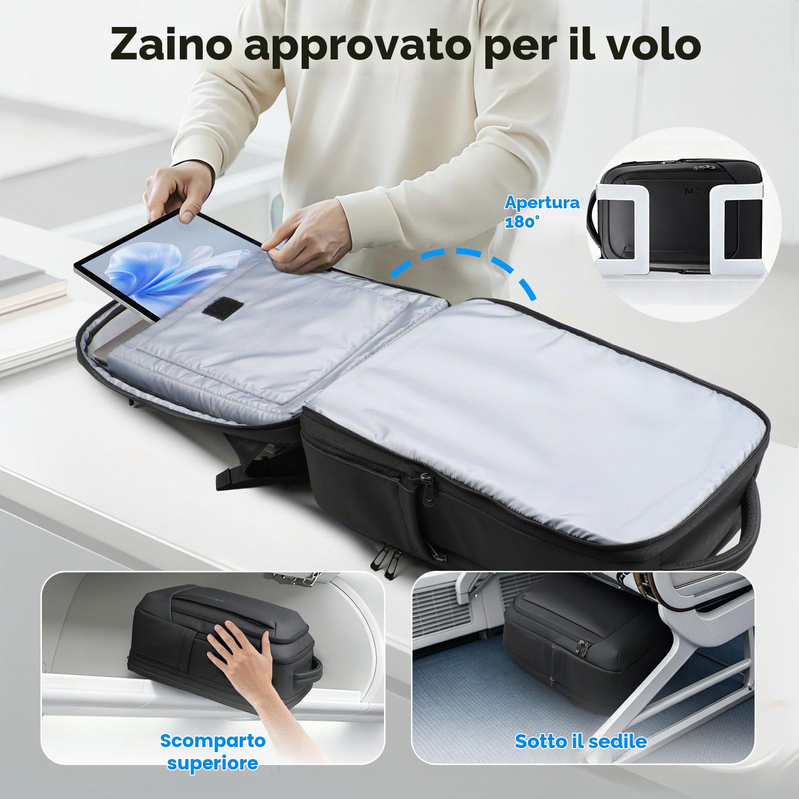 hk Zaino Espandibile 40L per Laptop 16 pollici,Zaino Viaggio Uomo | con porte USB-C e USB-A, Bagaglio a Mano Aereo, Apertura a 180°, Zaino PC Antifurto Impermeabile per Lavoro e Affari, Nero