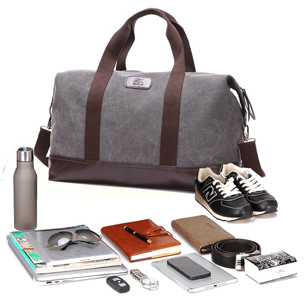 Sunshinejing Bolsa de viaje clásica de lona y piel para fin de semana, gris, M
