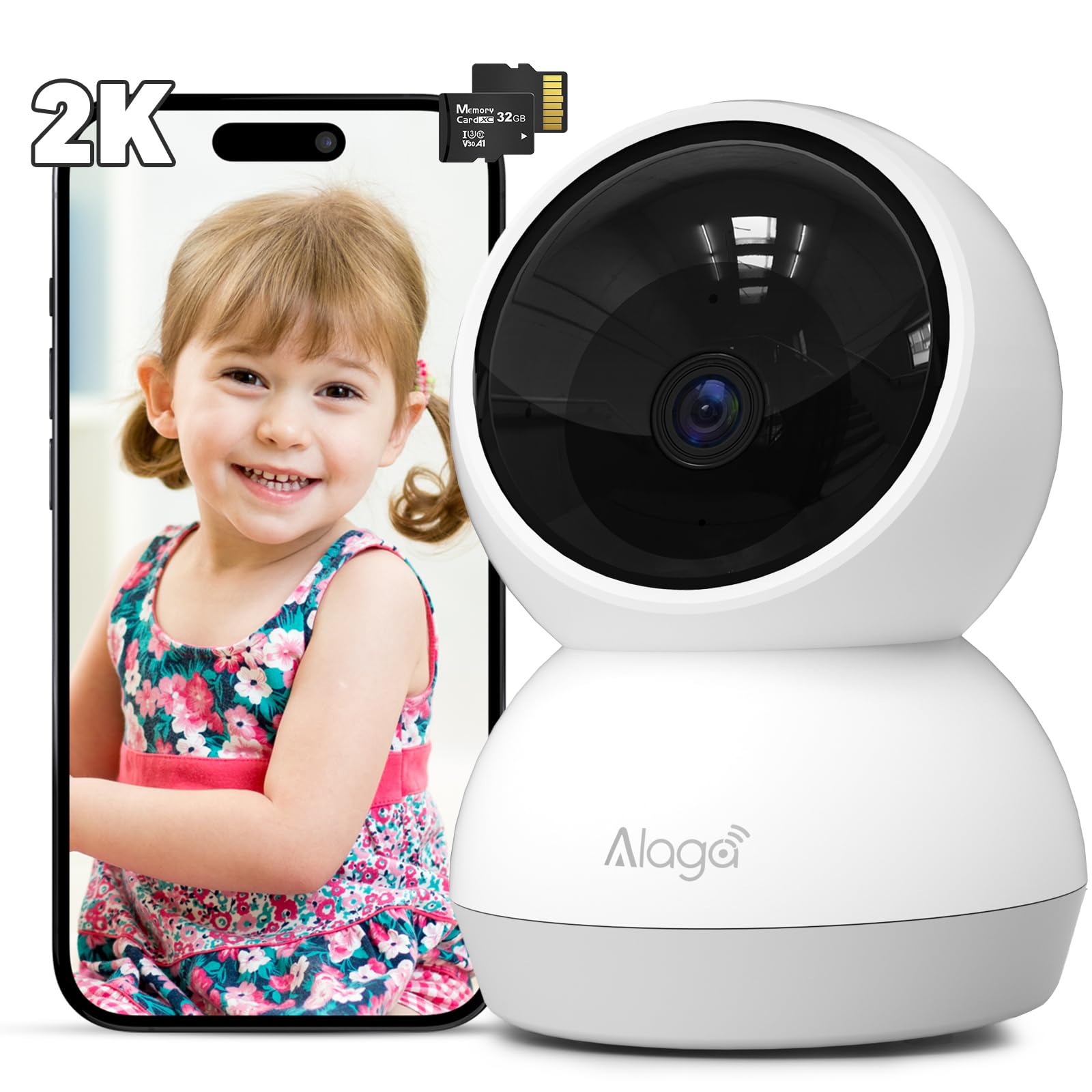Alaga Telecamera Interna 2K, Rilevamento AI Persone/Animali, Wi-Fi 2.4/5GHz, Visione Notturna, Audio Bidirezionale, 360° Pan/Inclinazione, con Alexa/Google, Scheda TF 32GB Inclusa