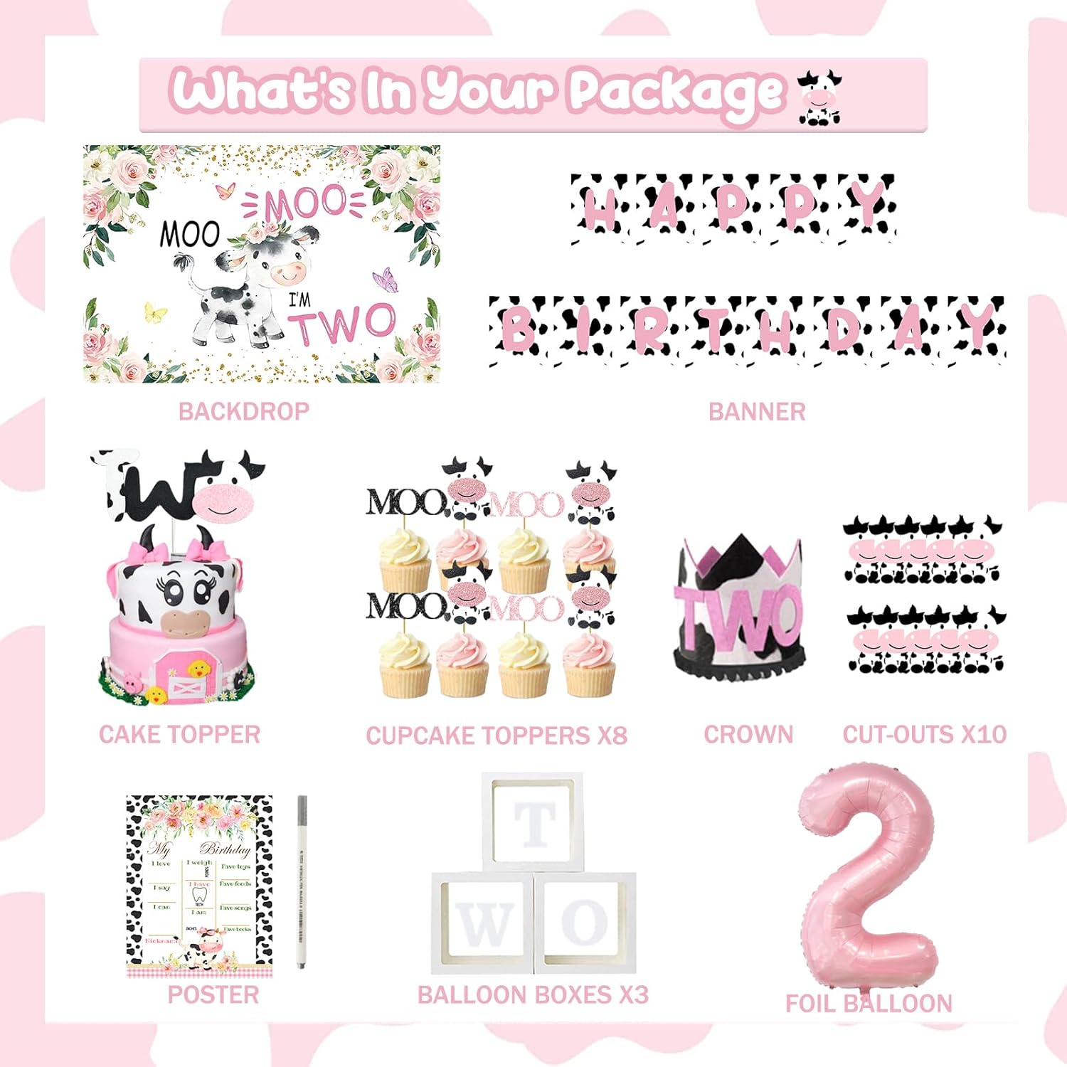 Moo Moo Im Two Birthday Decorations Girl, 2nd Birthday Decorations for Girl, Cow Theme Backdrop Balloon Banner Cake Toppers Boxes Cutout Crown Poster for Girls Two Years Old Party Supplies