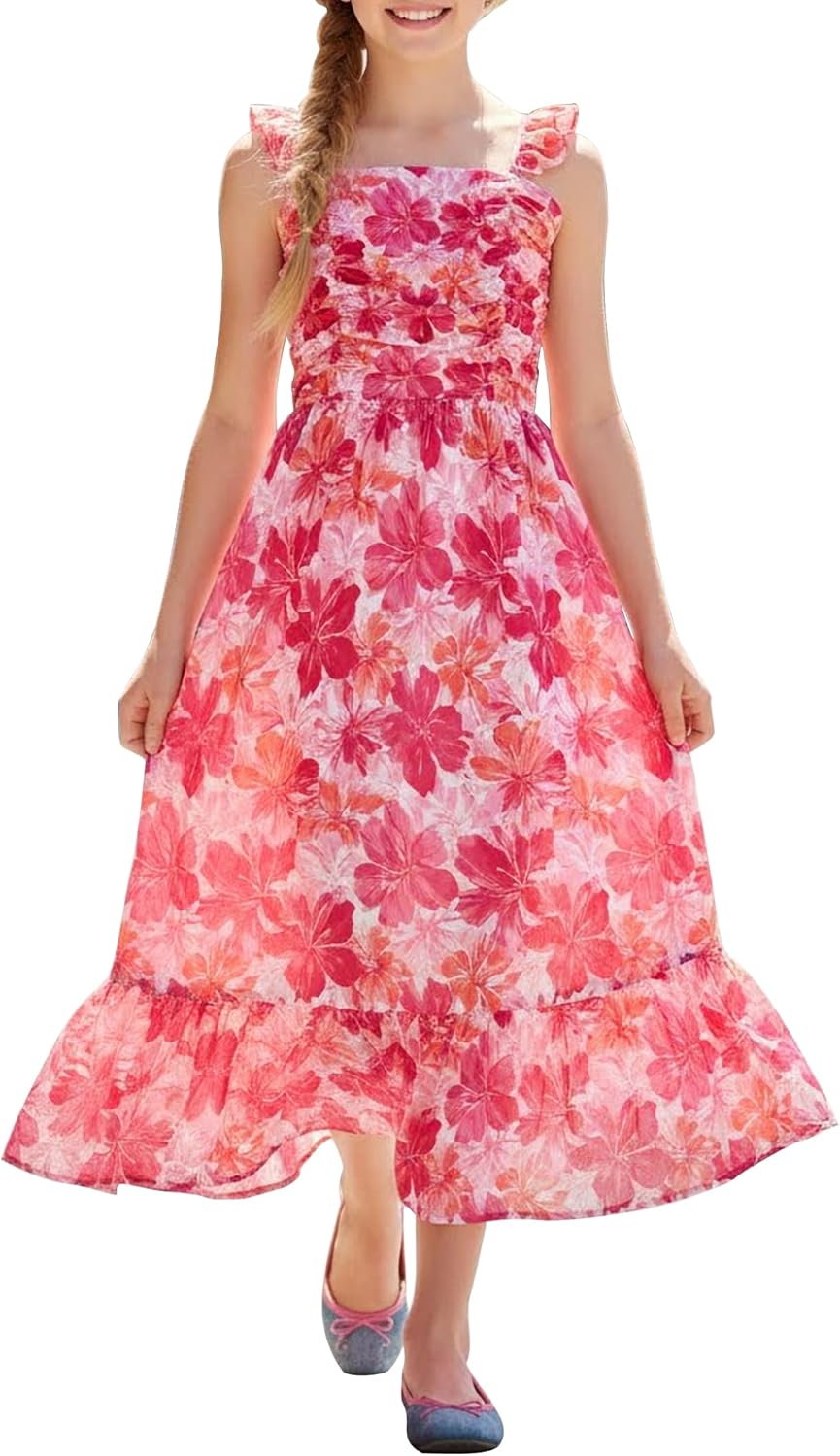 Sunny Spirit Girl's Summer Floral Dresses Kids Cute Ruffle Sleeve Smocked Flowy Dress 6-14 Years