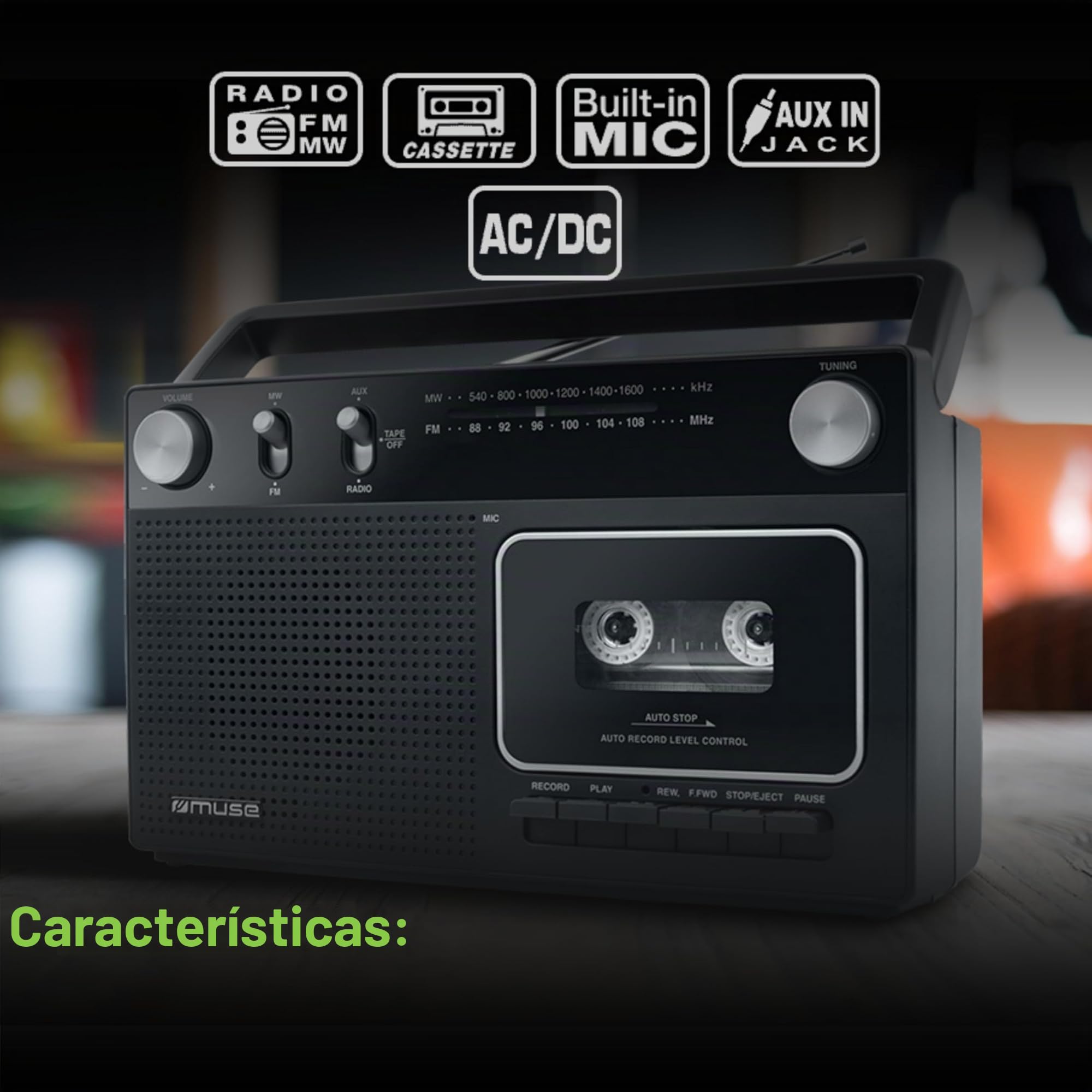 Muse M-152 RC Retro - Grabador de Casetes con Función de Grabación (Radio FM y Am, Entrada Aux, Antena Telescópica), Color Negro
