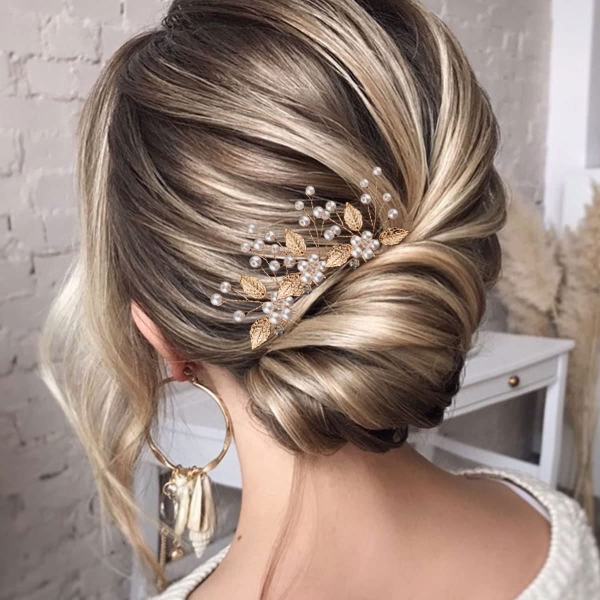 Amazon.com : 7 Pieces Gold Leaf Pearl Hair Pins with Flower  display picture 2