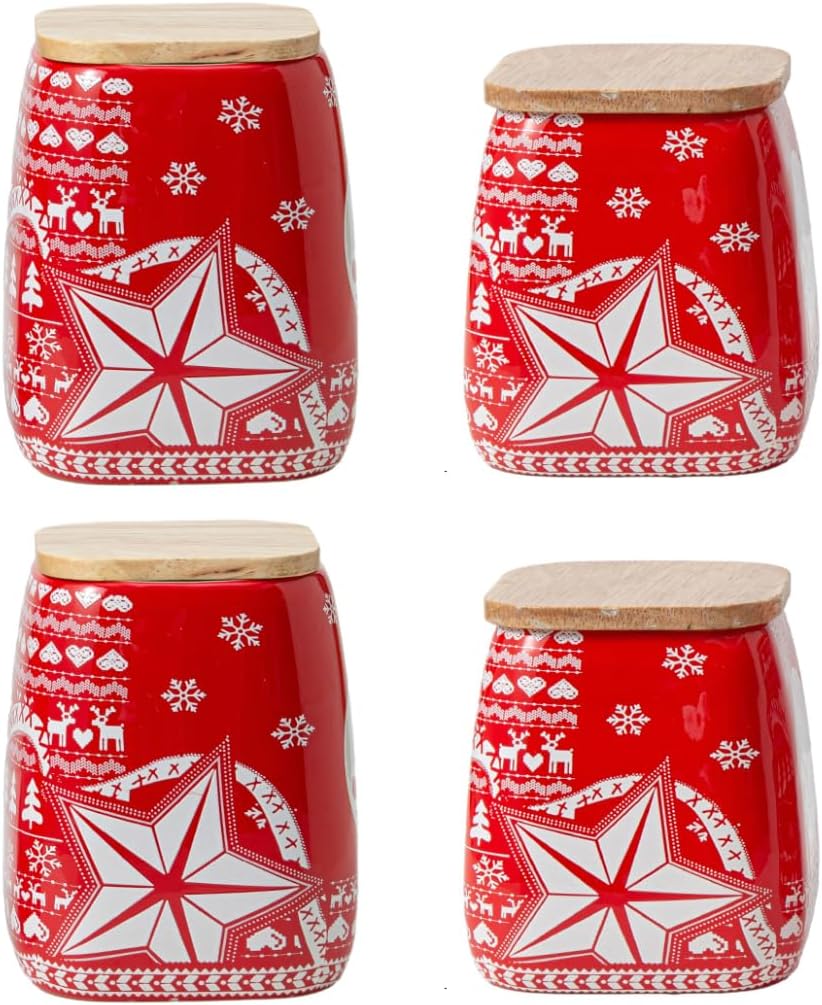 Porlien Red Festival Canisters Set of 4 with Wooden Lid, 70oz/42/oz/21oz/17oz Food Storage Contaniers with Airtight Lid Gifts for Mothers'Day, Small Vases for Flowers