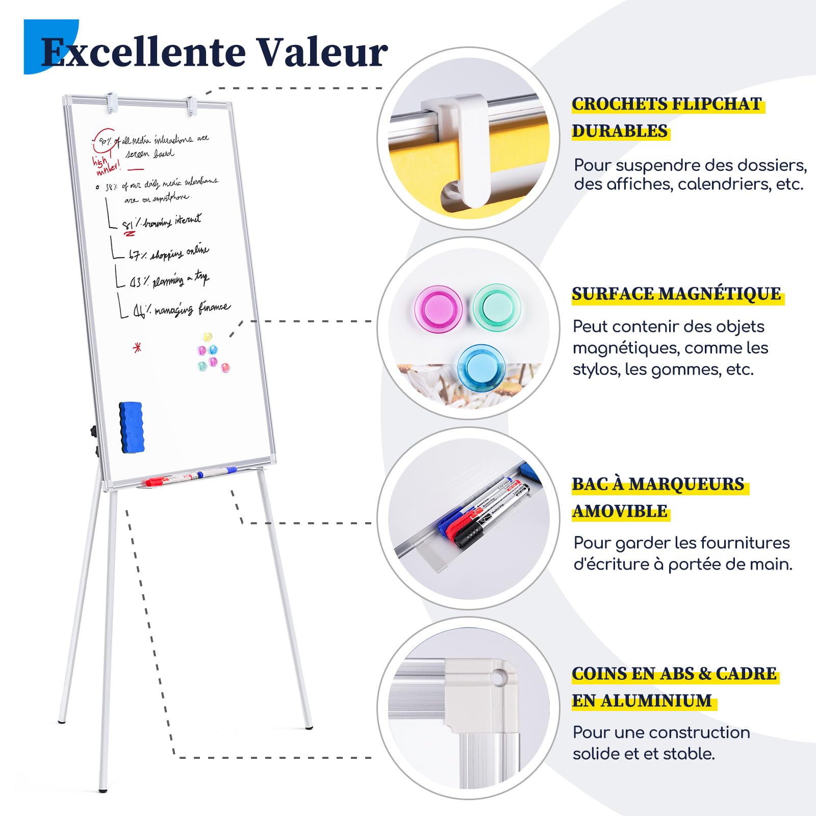 maxtek Tableau Blanc Effacable sur Pied, 90x60 cm Tableau Magnétique de Chevalet, Hauteur Réglable avec Support, Whiteboard Cadre en Aluminium, Mobile Paperboard Pliable de Tableau de ConféRence