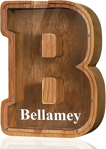Miniatura 1 de Alcancía grande de madera con nombre personalizado para niños y niñas, alfabetos, letras A-Z, monedas, billetes, cambio de dinero, caja bancaria con
