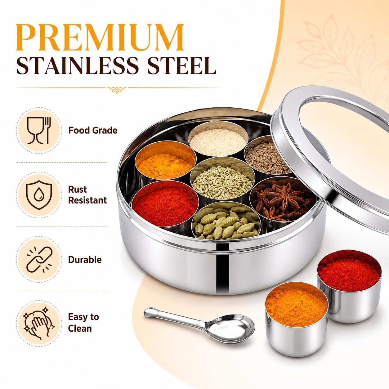 PNS Masala Dabba Boîte à épices avec 7 compartiments en acier inoxydable de qualité alimentaire avec cuillère de service (couvercle transparent, 16 cm)