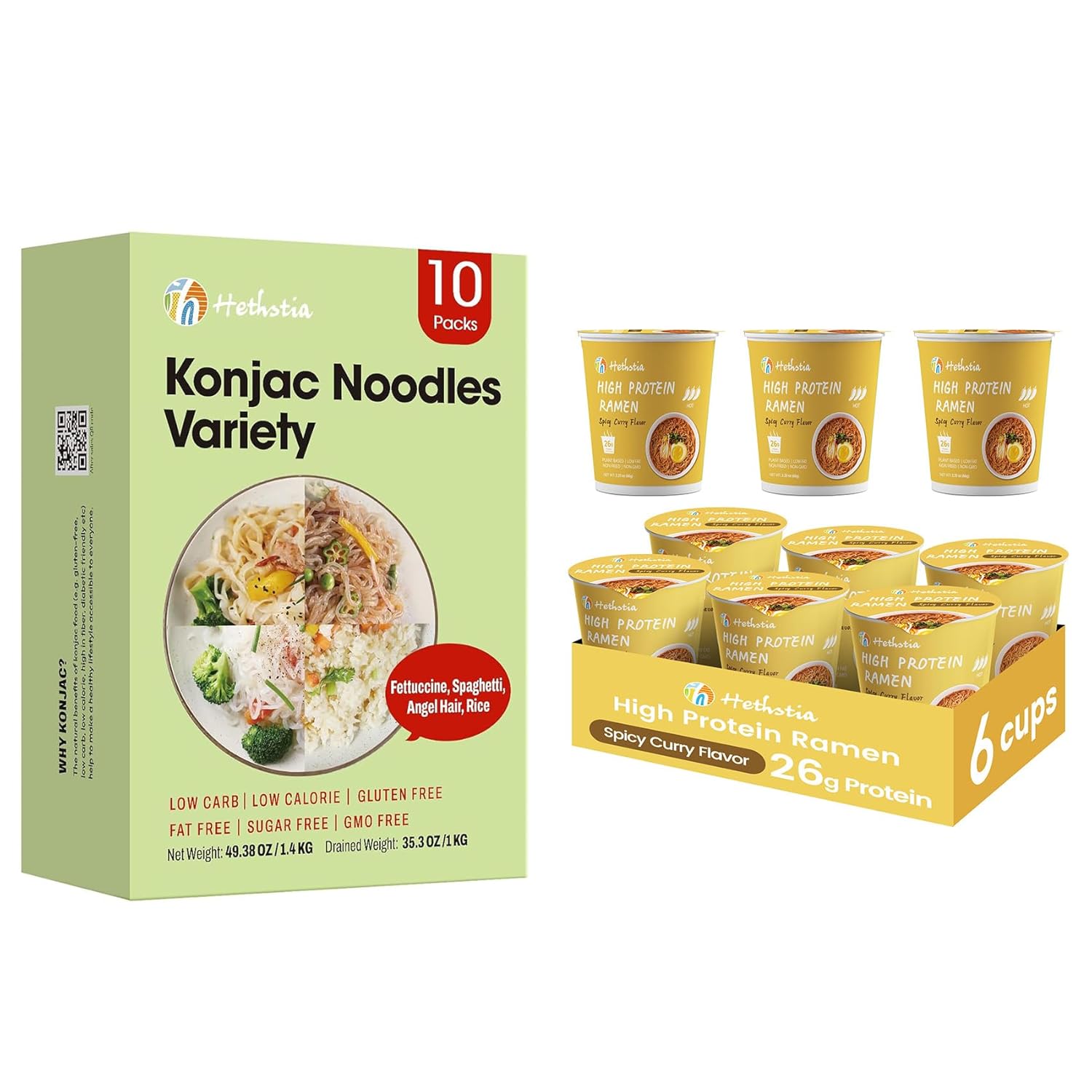 Pack Variedad de Fideos Konjac Hethstia (Fettuccine, Angel Hair, Spaghetti y Arroz) con Ramen Proteico
