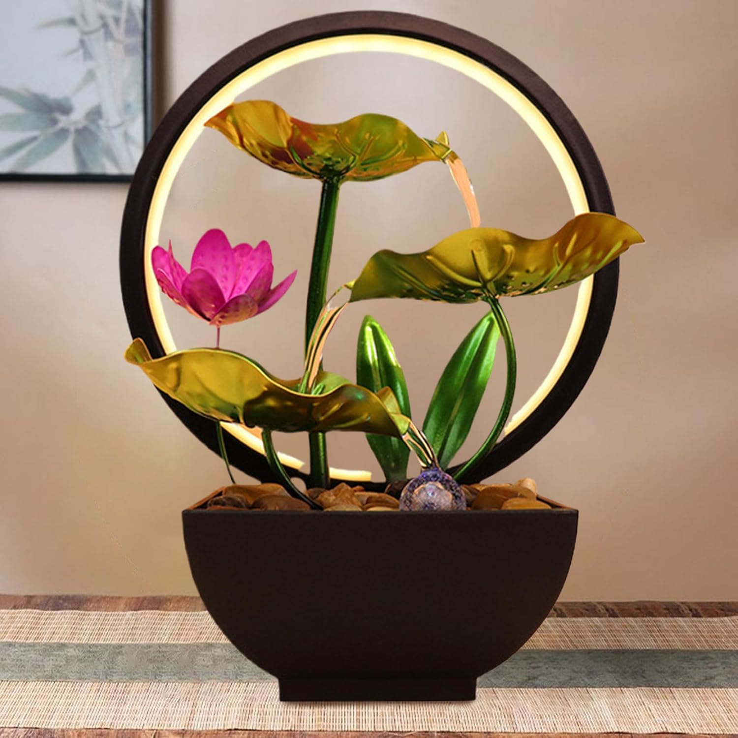 Indoor Water Fountain Waterfall Lotus Leaf Indoor Water Features Light Up Tabletop Fountain Indoor USB 3-Tier Water Fountain for Living Room Office Green