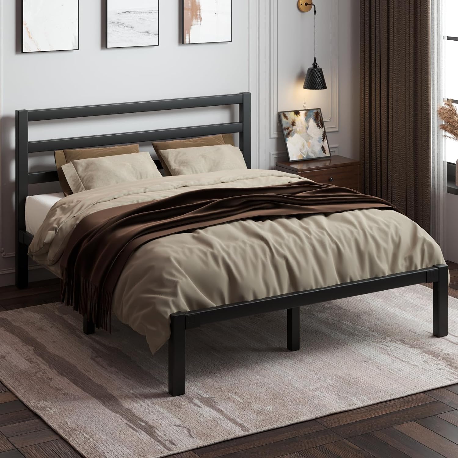 LoVinson Queen Size Metal Bed Frame with Headboard