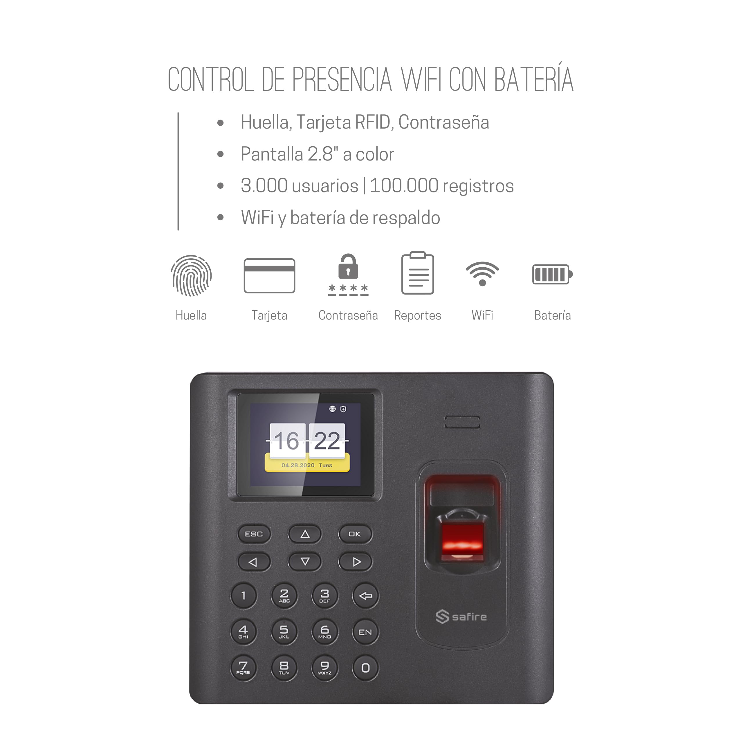 Safire-Control de Presencia WiFi |Huella | Tarjeta RFID y Teclado | Capacidad de 1.000 Huellas y 100.000 Registros | Software Incluido