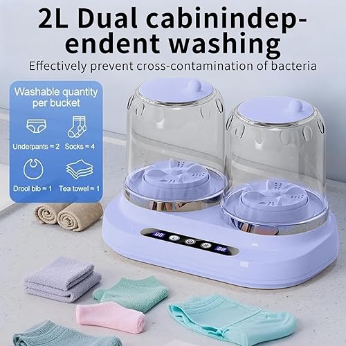 Miniatura 2 de Lavadora portátil de 2 litros con doble bañera, luz LED azul, 3 modos de lavado y vórtice de 8 dimensiones. Incluye manguera de drenaje. Mini