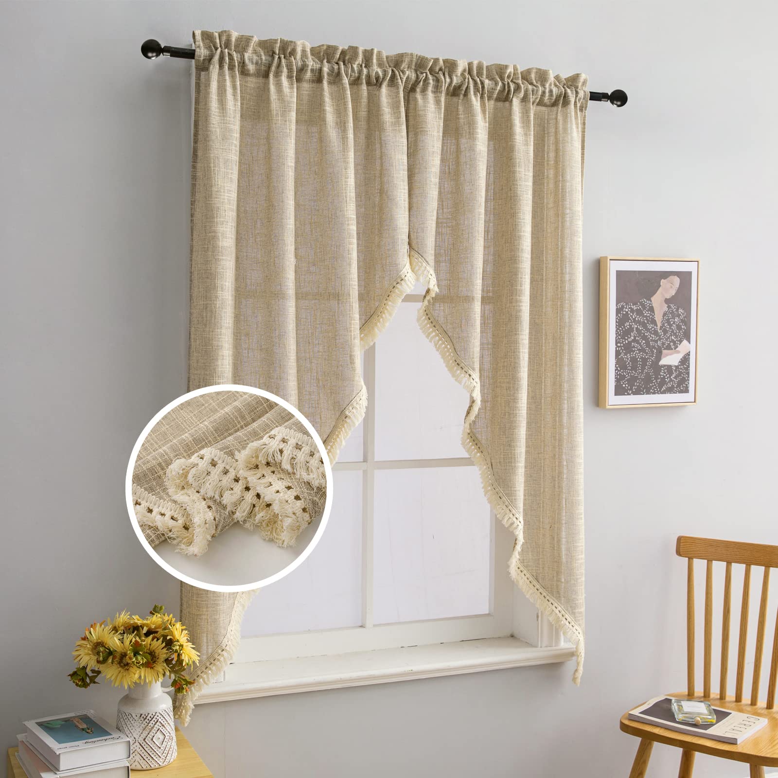Beda Home Tassel Linen Textured Swag Curtain Valance for Farmhouses’ Kitchen; Light Filtering Rustic Short Swag Topper for Small Windows Bedroom