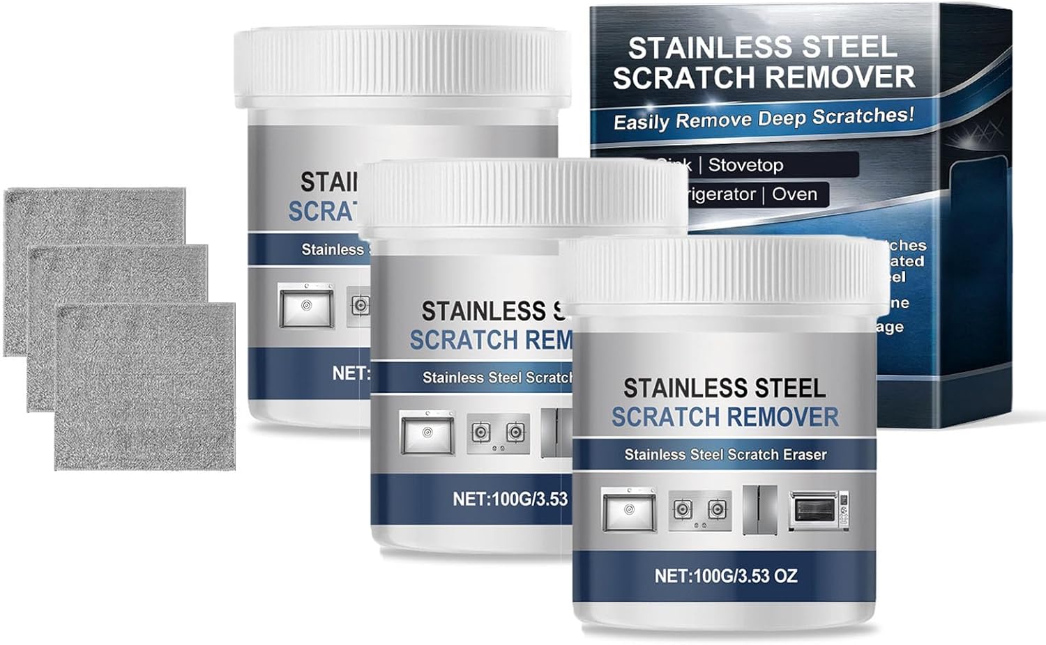 Stainless Steel Scratch Remover Kit, Rust Remover for Metal, Multi-purpose Stainless Steel Scratch 𝐑emover Paste, Heavy-Duty Sink and Appliance Repair Paste, for Oven, Appliances, Sink (3PCS)