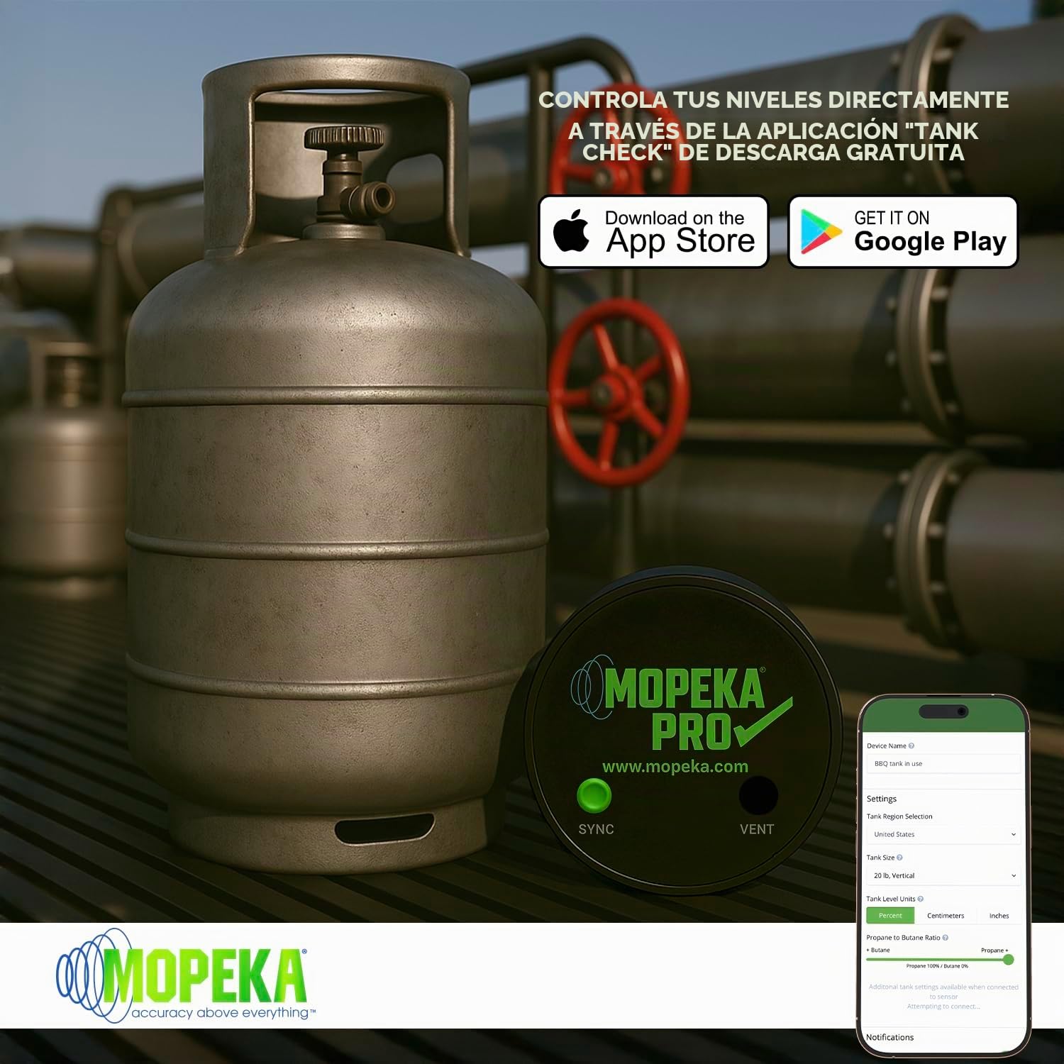 Mopeka Pro Check - Sensor Universal Ultrasónico Bluetooth Para Tanques De Aluminio, Plástico Y Polietileno Perfecto Parrillas Propano, Agua Campistas Nivel