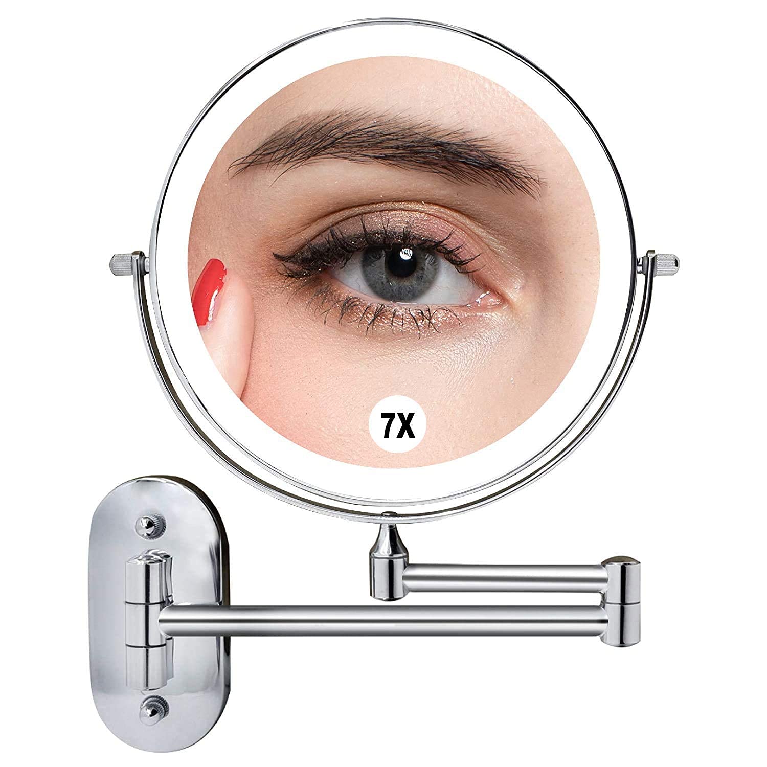 Espejo de maquillaje montado en la pared Pantalla táctil LED de 8 pulgadas Luz ajustable Espejo de tocador con aumento de doble cara 1X/7X Giratorio extensible para hoteles de baño, recargable por U