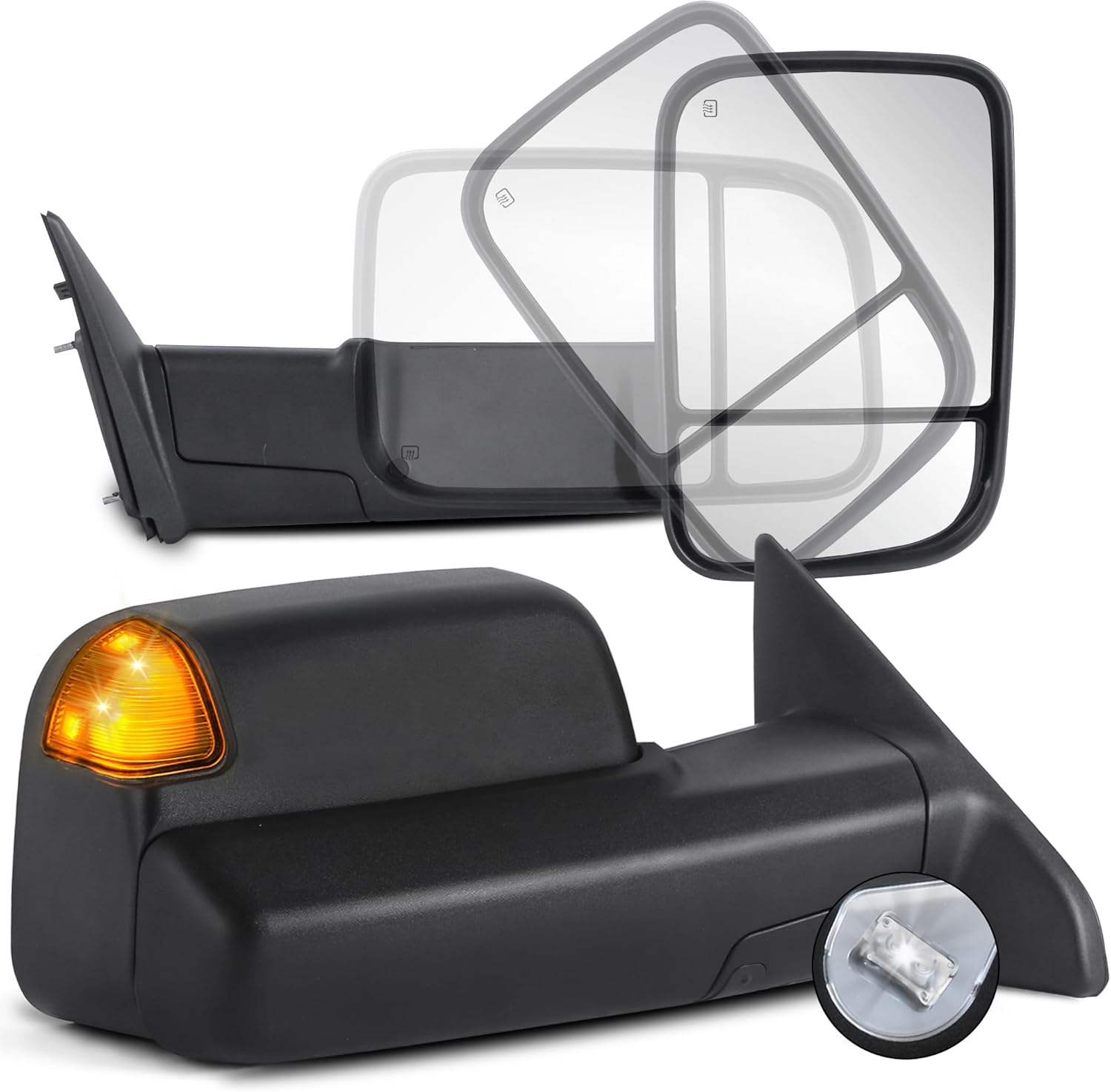 Pair Chrome Power Heated Towing Mirrors Compatible for 2009-2018 Dodge Ram 1500/2010-2018 Dodge Ram 2500 3500 LED Turn Signal Light