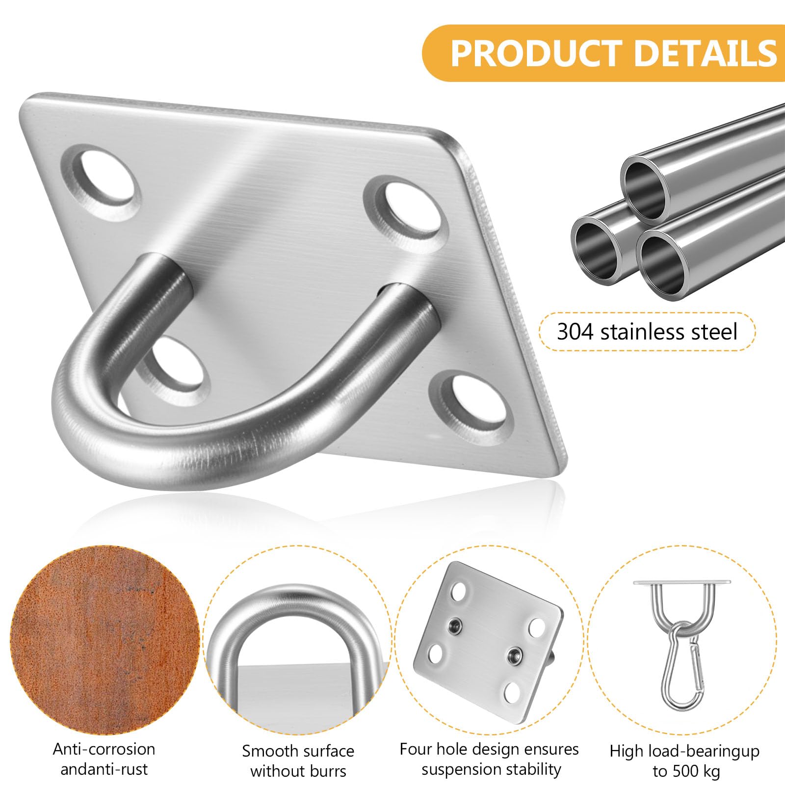 4 Pezzi Ganci di Piastra ad Occhiello in Acciaio Inox, Ganci Muro, Gancio Muro Occhielli in Metallo, Piastre per Occhielli in Acciaio Inox, Gancio da Soffitto per Fissaggio a Soffitto e Parete