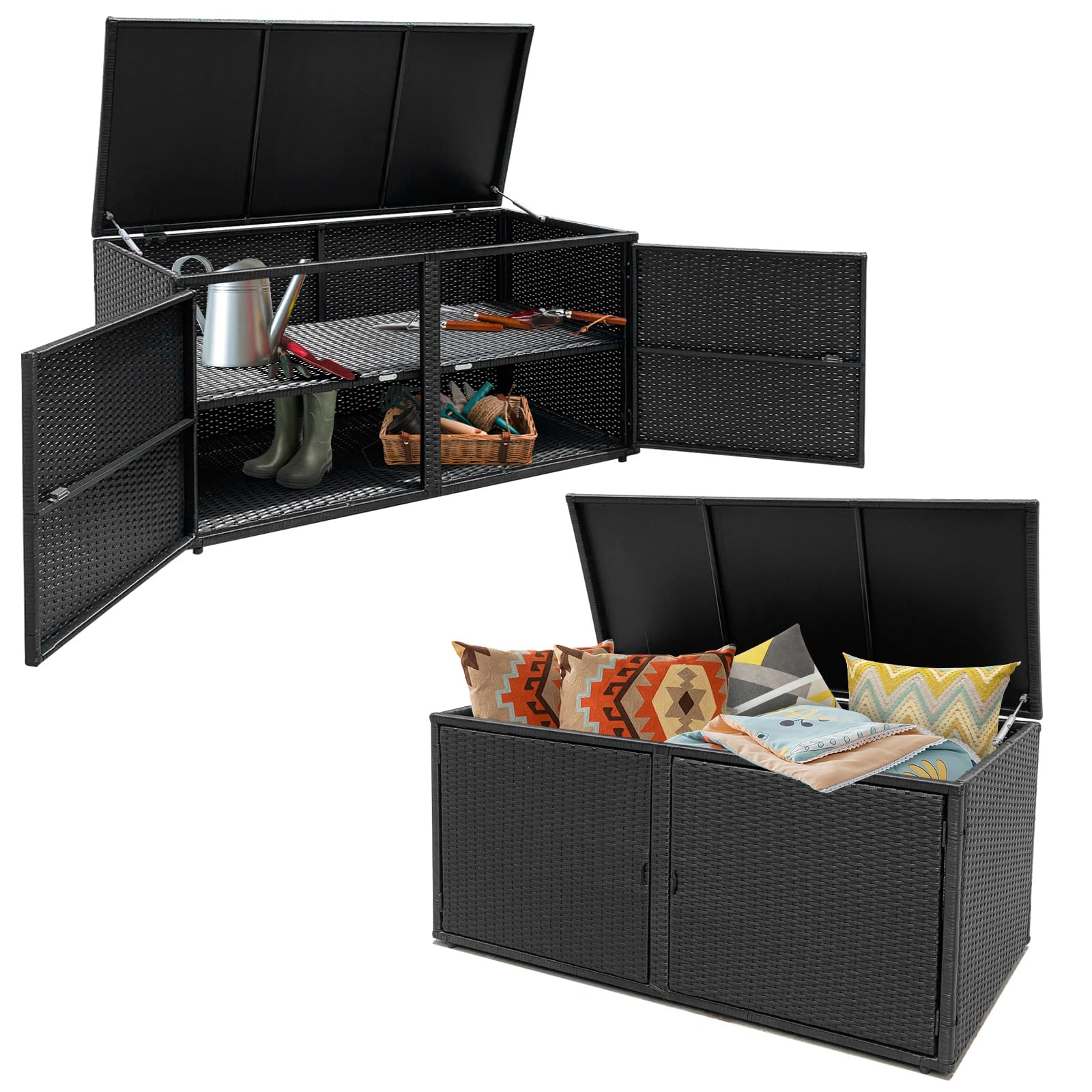 LIFEZEAL Baule da Esterno, 444L, Cassapanca Contenitore da Esterno, in Rattan PE, Baule da Giardino, con 2 Ante e 2 Livelli, Contenitore Grande, per Soggiorno e Piscina, 115 x 60 x 65 cm (nero)
