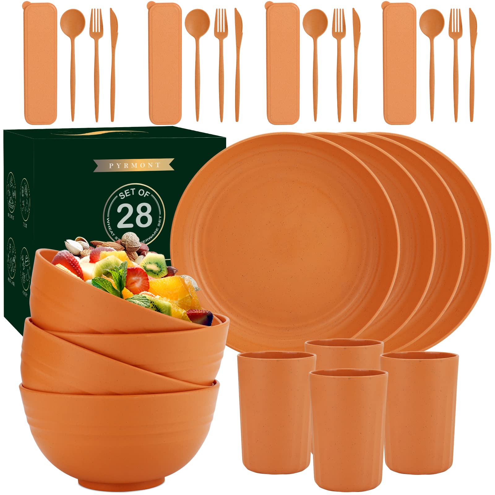 28 Piece Wheat Straw Dinnerware Sets Microwave And Dishwasher Safe