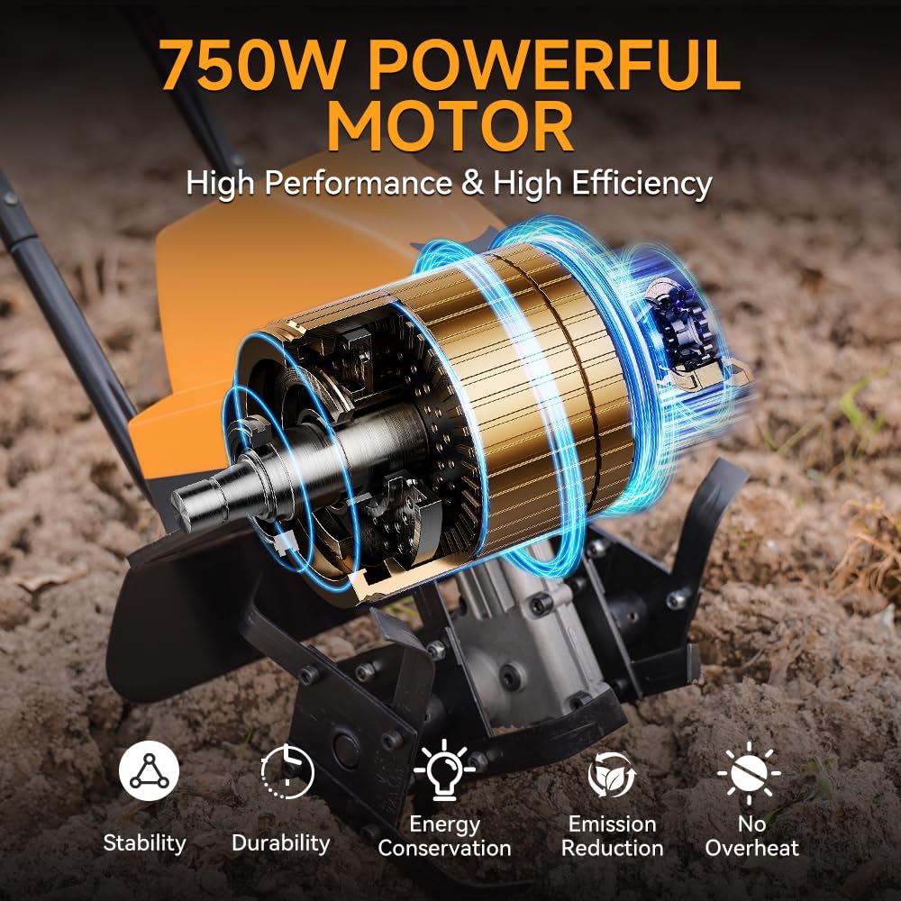 Hoteche Elektryczna motyka ogrodowa 750 W, szerokość robocza 400 obr./min, szerokość robocza 300 mm, 4 noże, pomarańczowa, kolorowe pudełko
