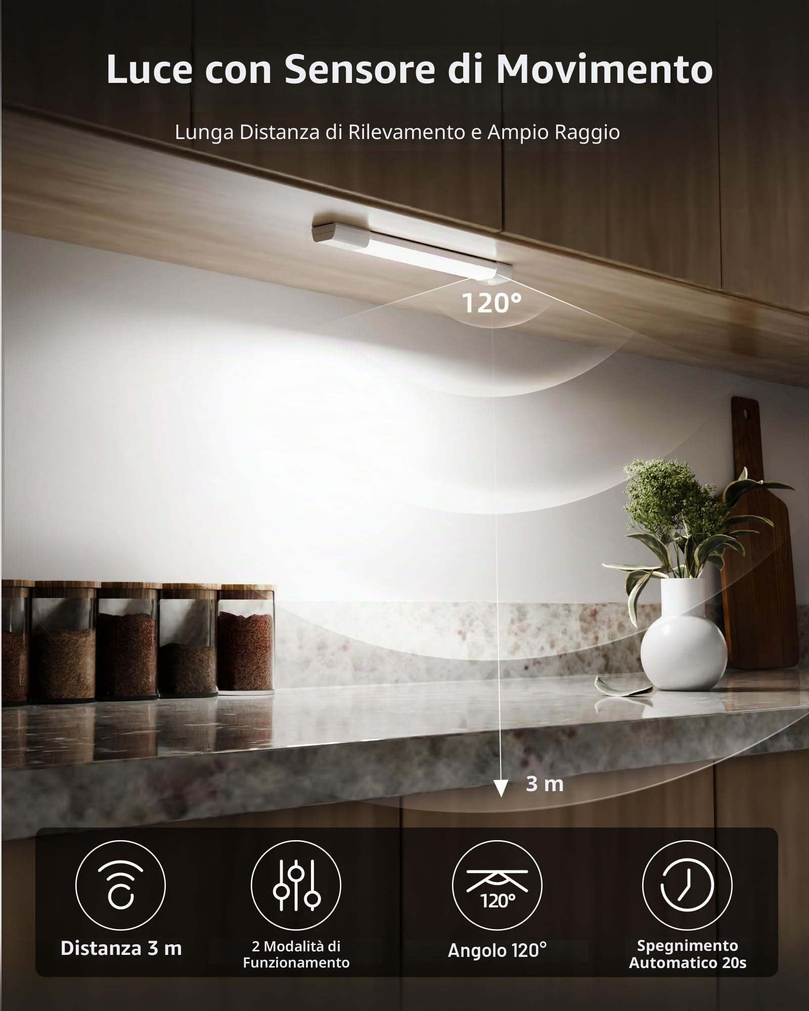 EZVALO Led Sottopensile Cucina Con Sensore Di Movimento, 20CM (3 Pezzi), 30 LED Wireless,Luce Armadio Con 3 Temperature Di Colore Variabili Ricaricabili Per Cucina, Guardaroba, Scale,Accanto Al Letto