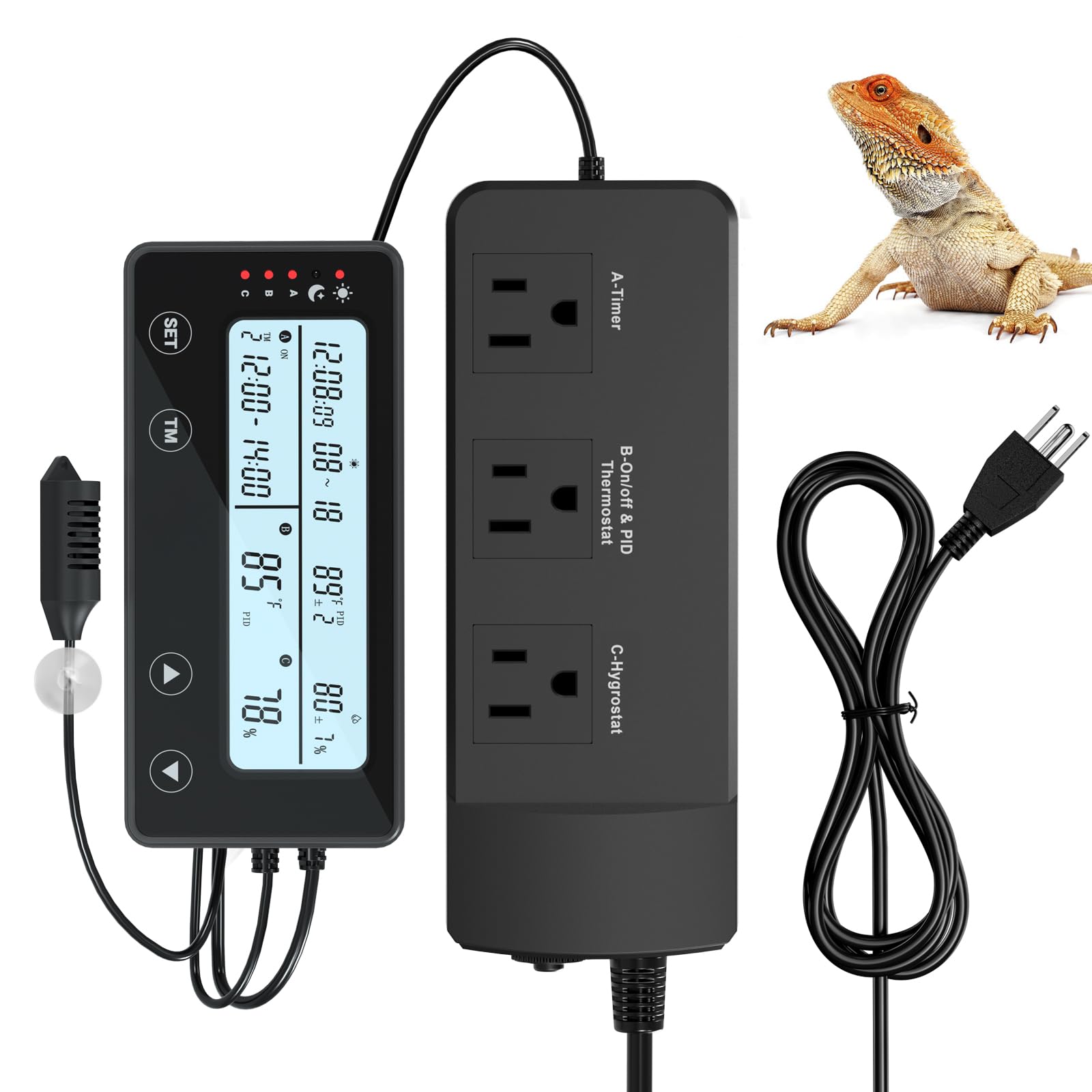 Reptile Temperature Controller with Timer, PID Reptile Digital Thermostat, 3-Channel Thermometer Hygrometer w/Memory, 2 IN 1 Day Night Temperature Humidity Gauge for Heat Lamp Bulb Humidifier