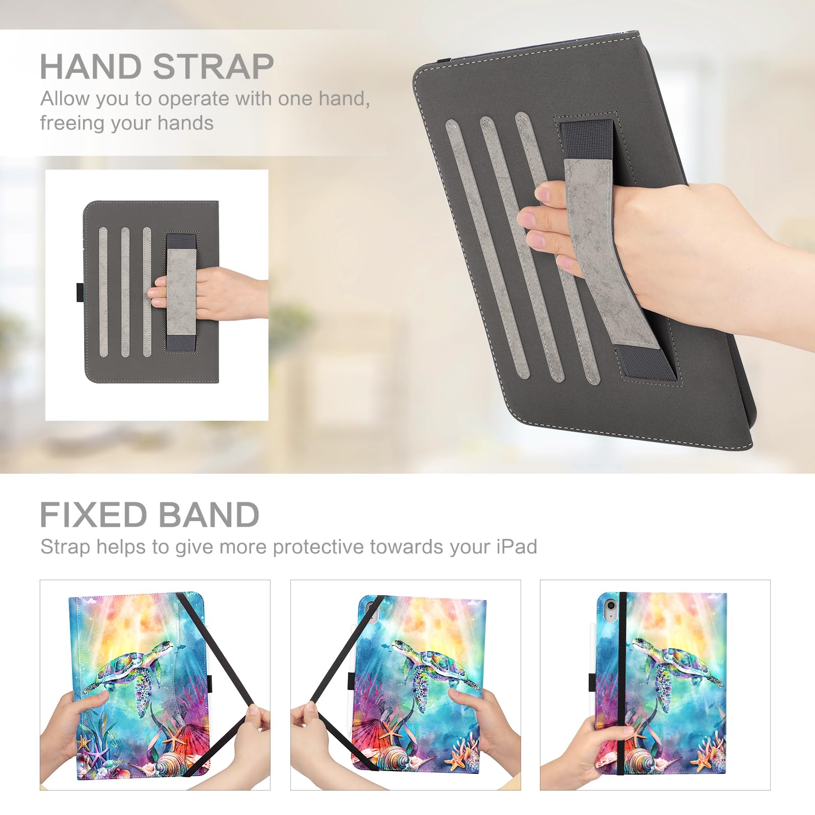 IPad (A16)11th Generation Case, IPad 10th Generation Case With Pencil Holder, Ipad 10th Gen Case Multi-Angle Adjustable Stand View With Magnetic Closure/Card Slots/Auto Wake Sleep/Touch ID, Sea Turtle