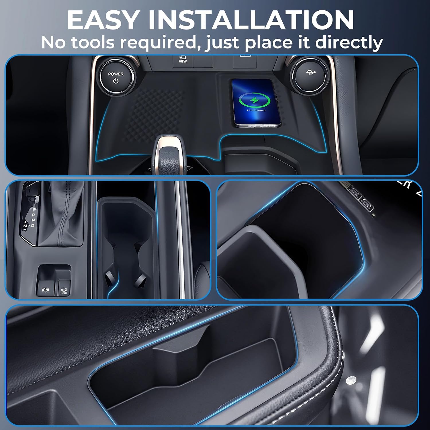 1st & 2nd Row Cup Holder Inserts & Wireless Charging Protective Mat for Toyota Grand Highlander 2026 2025 2024, Interior Accessories Center Console Front & Rear Cup Holders Protector, Black